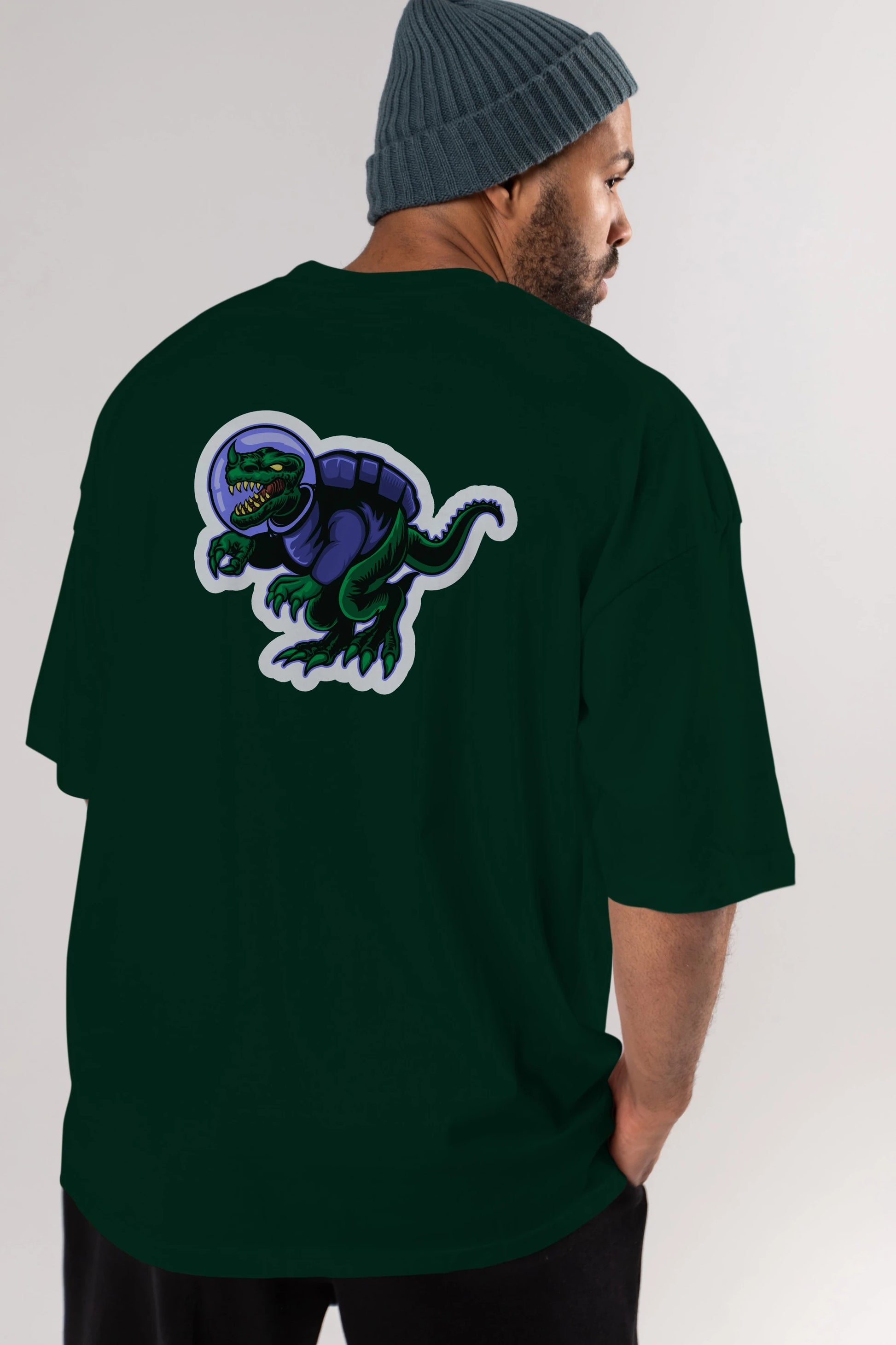 Space Dino Sticker Arka Baskılı Oversize t-shirt Erkek Kadın Unisex