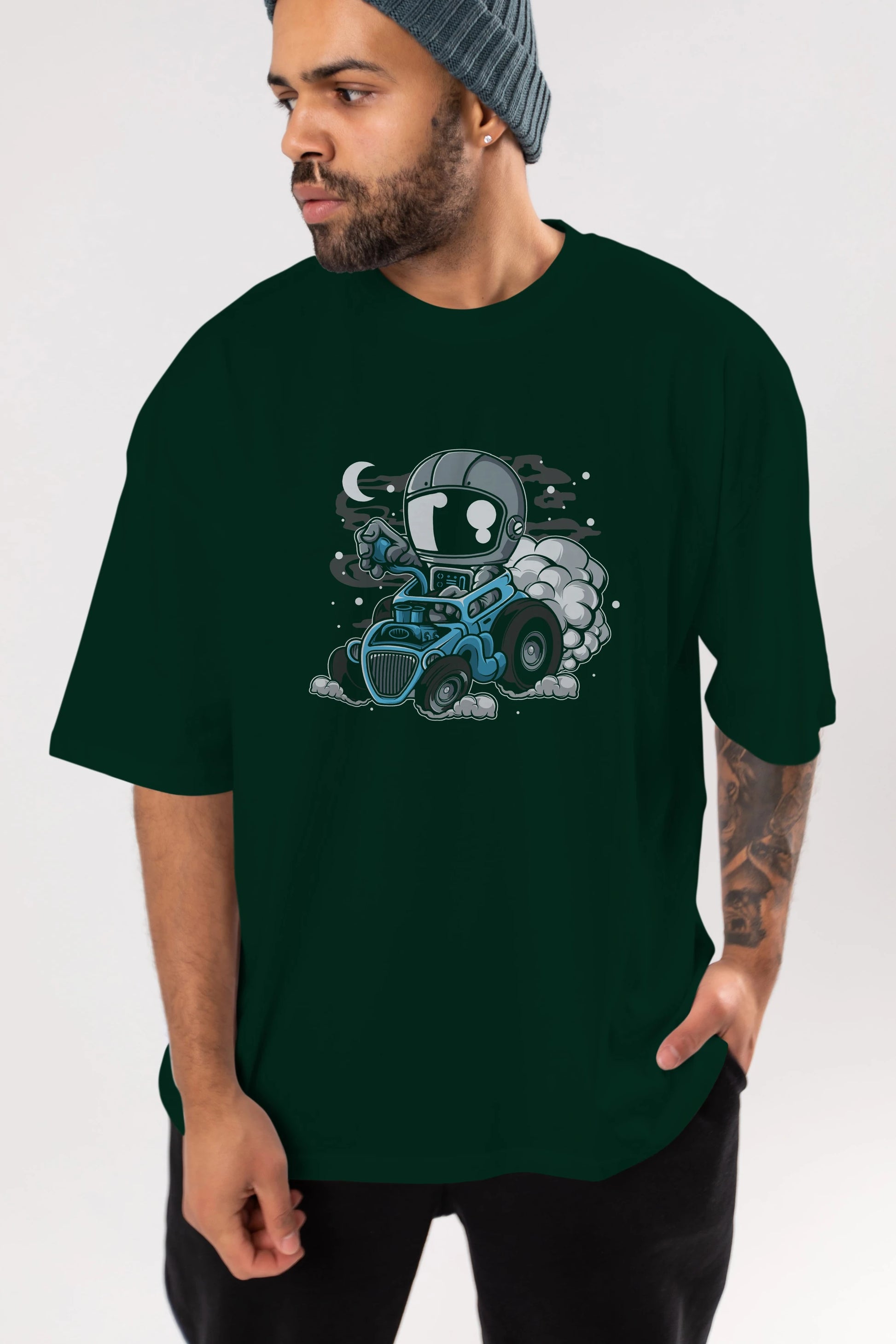 Astronaut Hotrod Ön Baskılı Oversize t-shirt Erkek Kadın Unisex