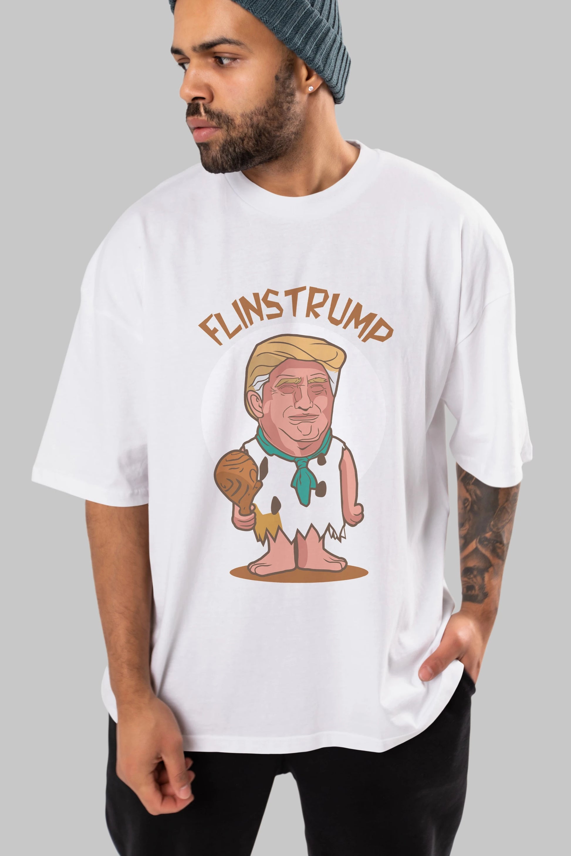Flinstrump Ön Baskılı Oversize t-shirt Erkek Kadın Unisex %100 Pamuk tişort