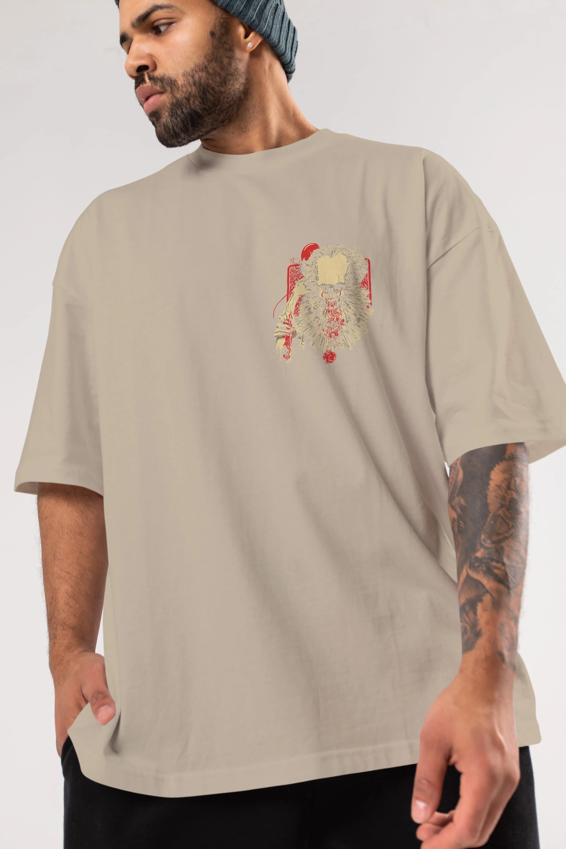 it (2) Ön Sol Baskılı Oversize t-shirt Erkek Kadın Unisex %100 Pamuk Bisiklet Yaka tişort