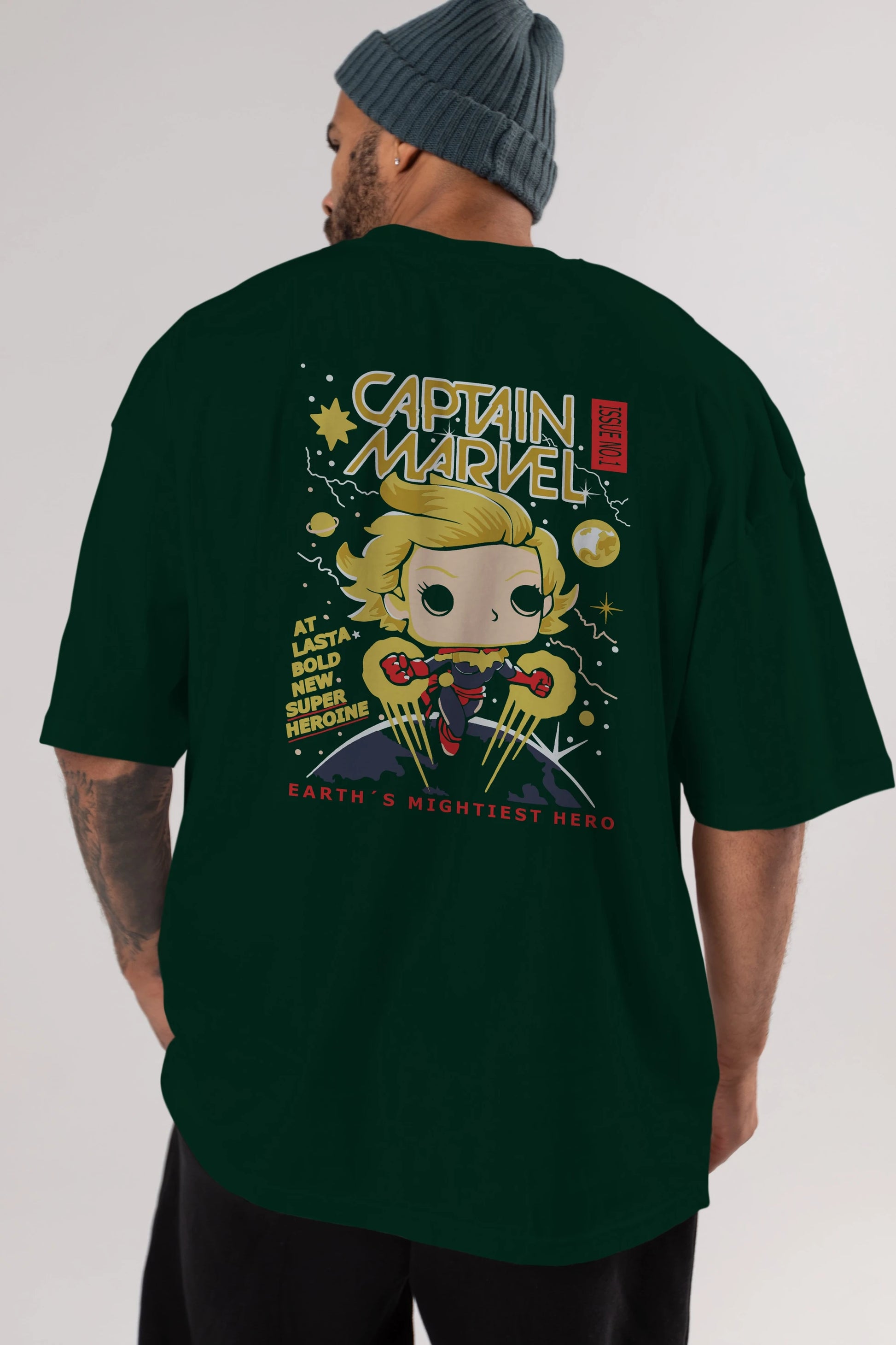Captain Marvel Arka Baskılı Oversize t-shirt Erkek Kadın Unisex %100 Pamuk Bisiklet Yaka tişort