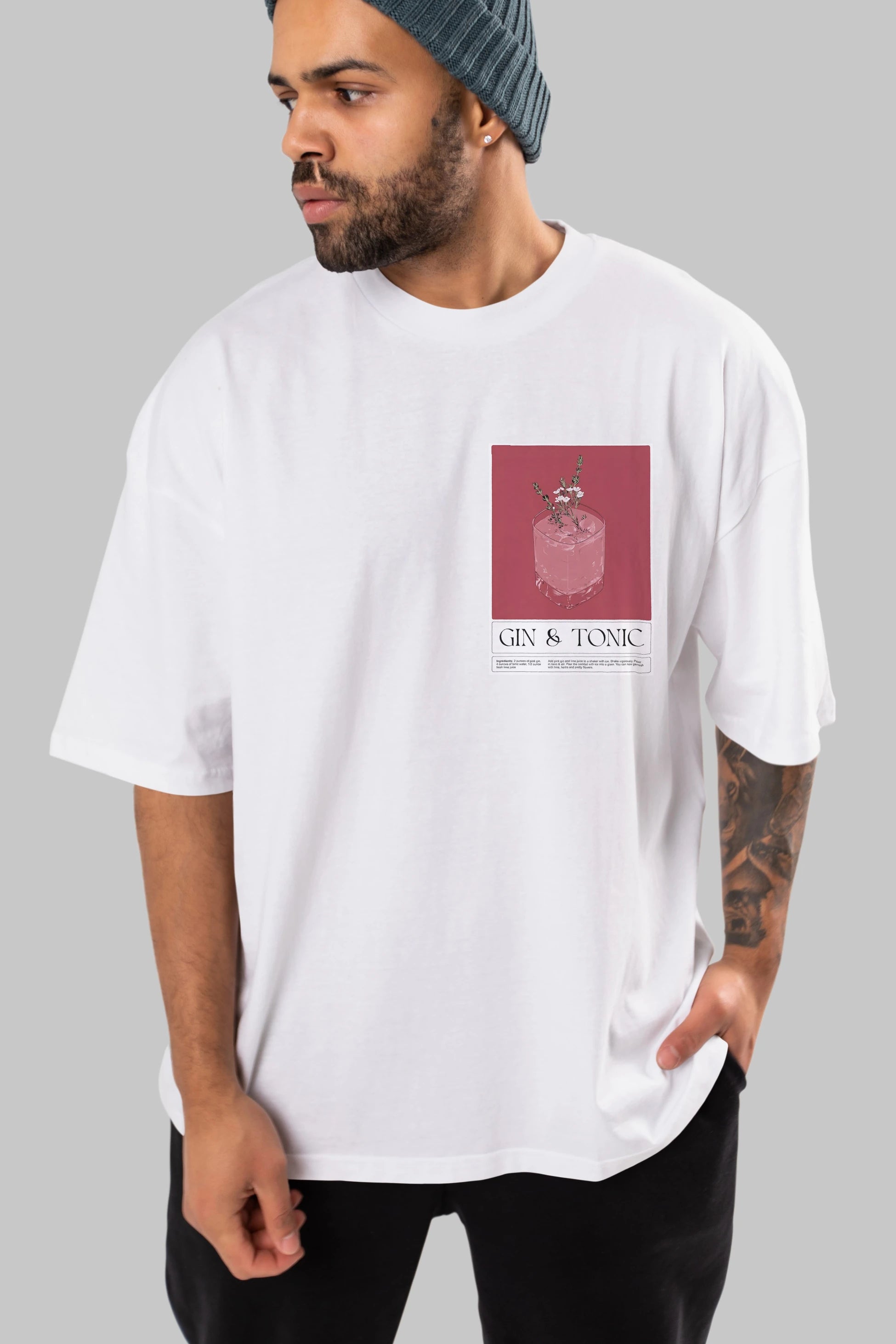 Gin Tonic 4 Ön Sol Baskılı Oversize t-shirt Erkek Kadın Unisex %100 Pamuk Bisiklet Yaka tişort