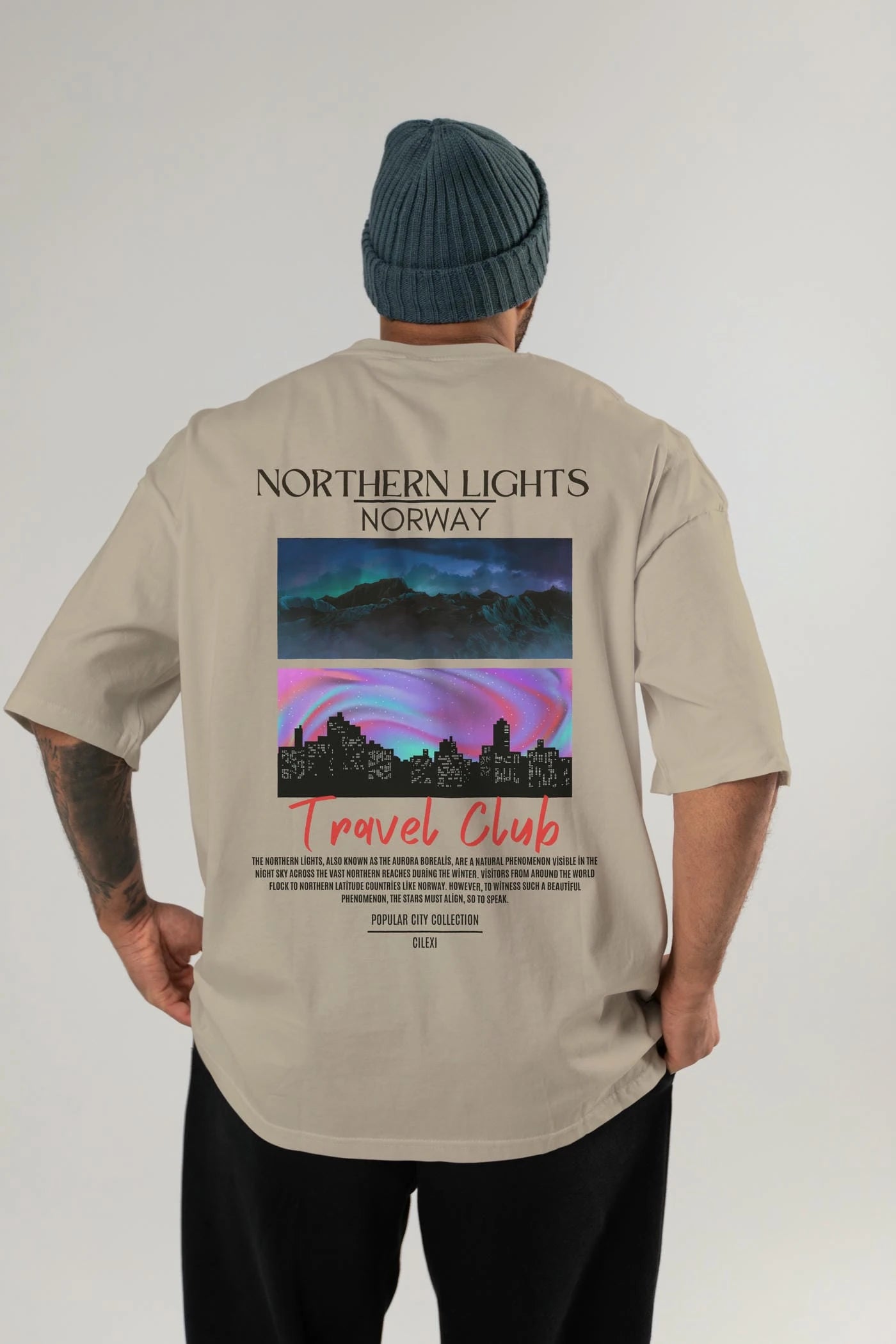 Northern Lights Norway Arka Baskılı Oversize t-shirt Erkek Kadın Pamuk Bisiklet Yaka tişort