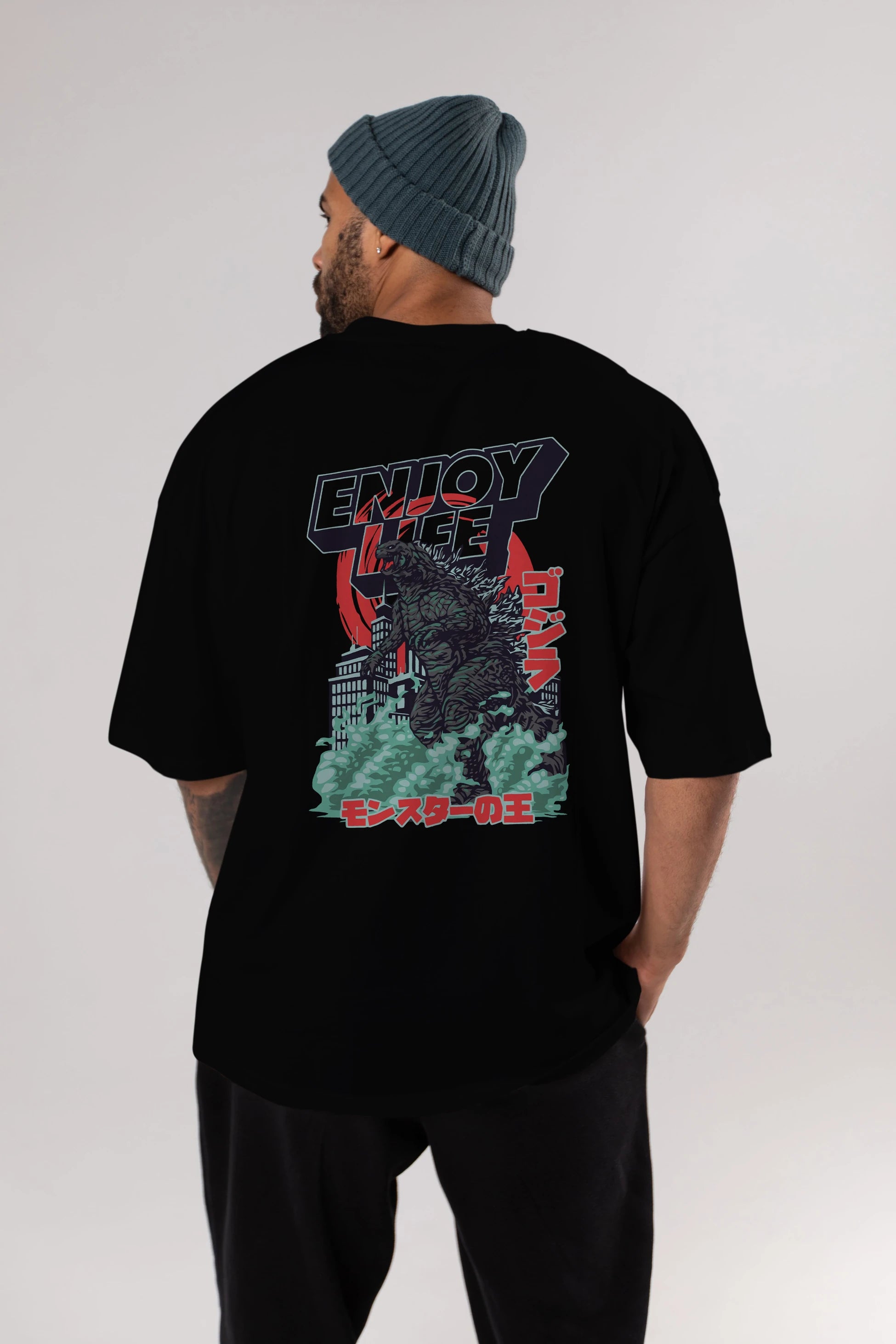 Godzilla Arka Baskılı Oversize t-shirt Erkek Kadın Unisex %100 Pamuk Bisiklet Yaka tişort
