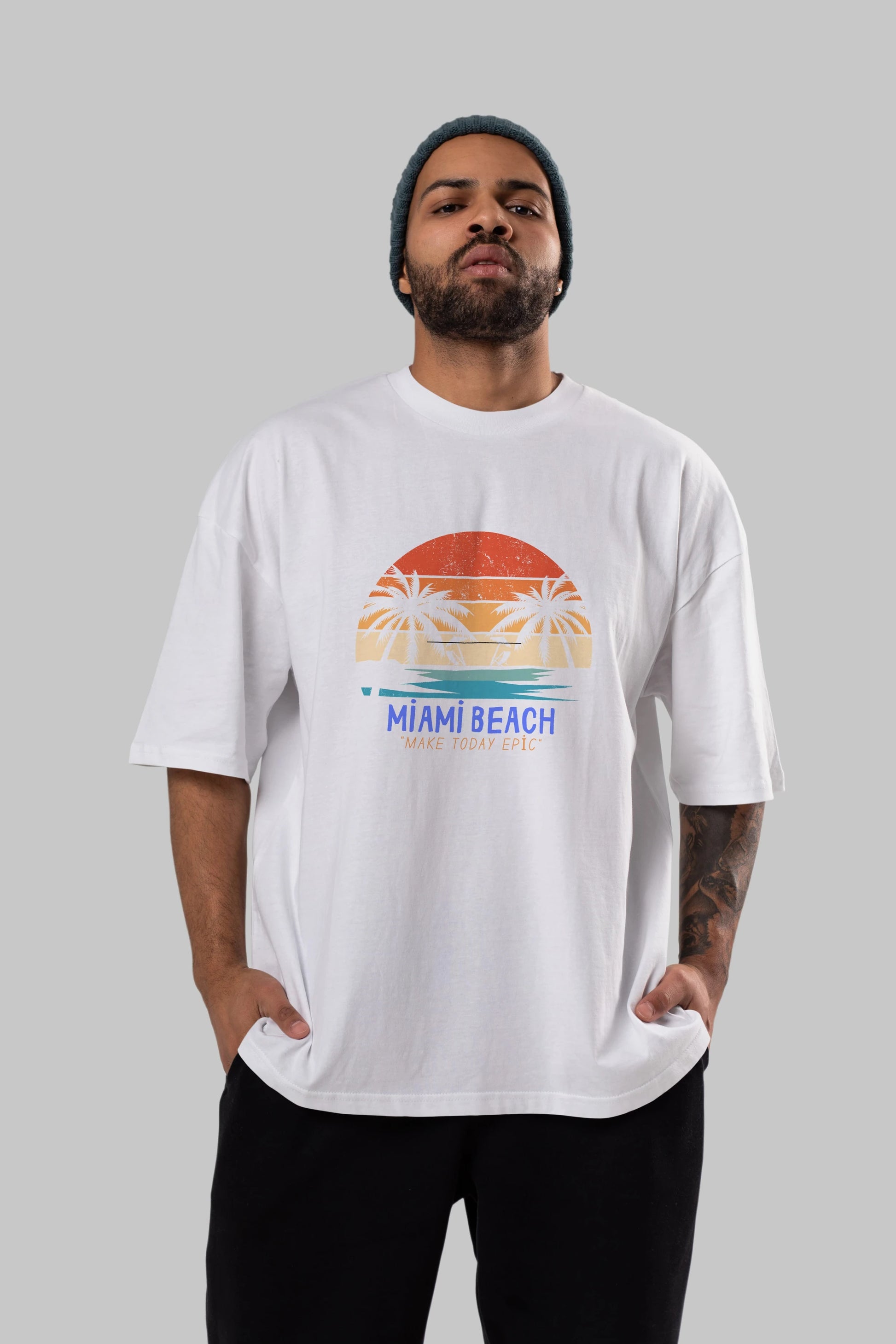 Miami Beach Yazılı Ön Baskılı Oversize t-shirt Erkek Kadın Unisex