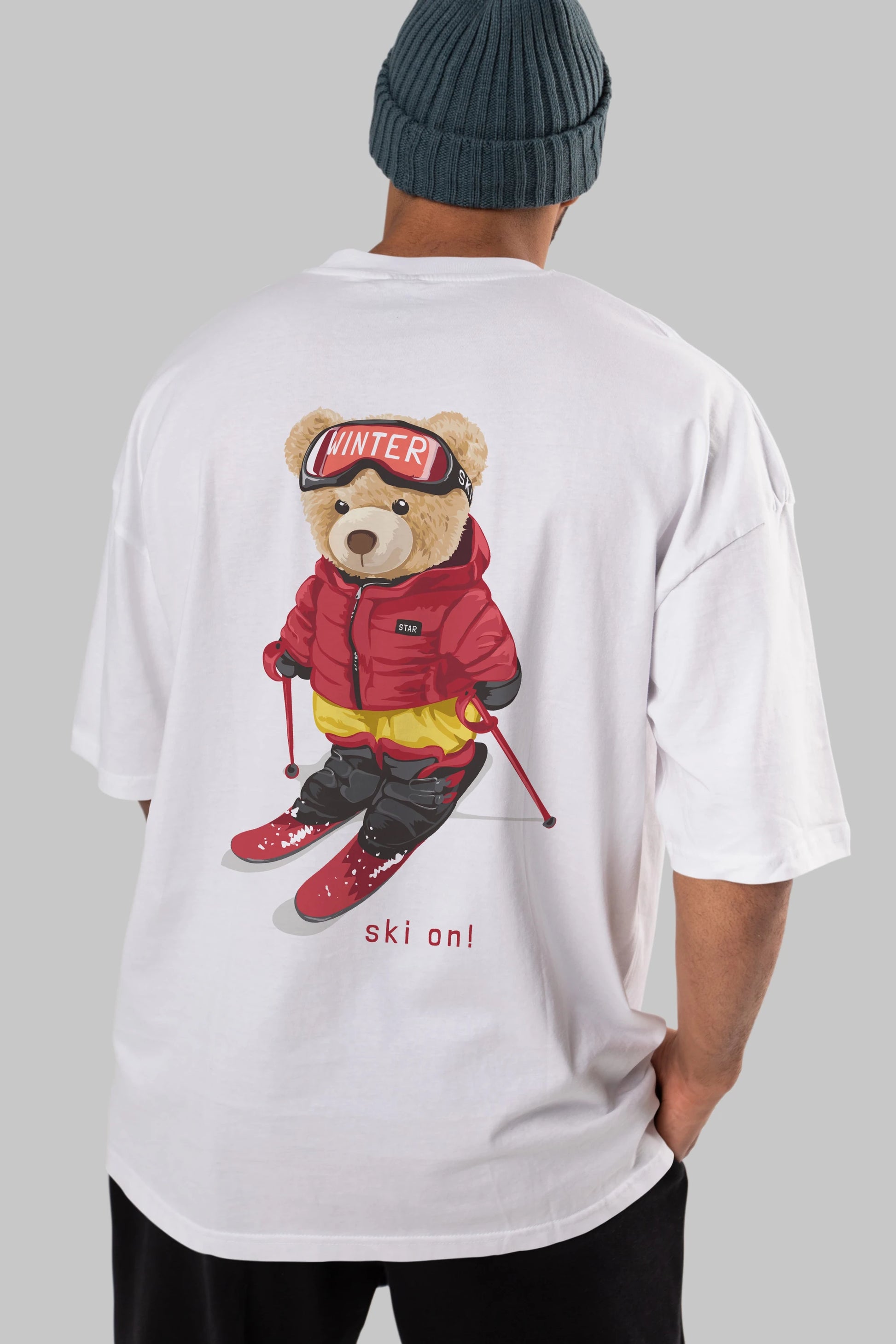Teddy Bear Ski On Arka Baskılı Oversize t-shirt Erkek Kadın Unisex %100 Pamuk