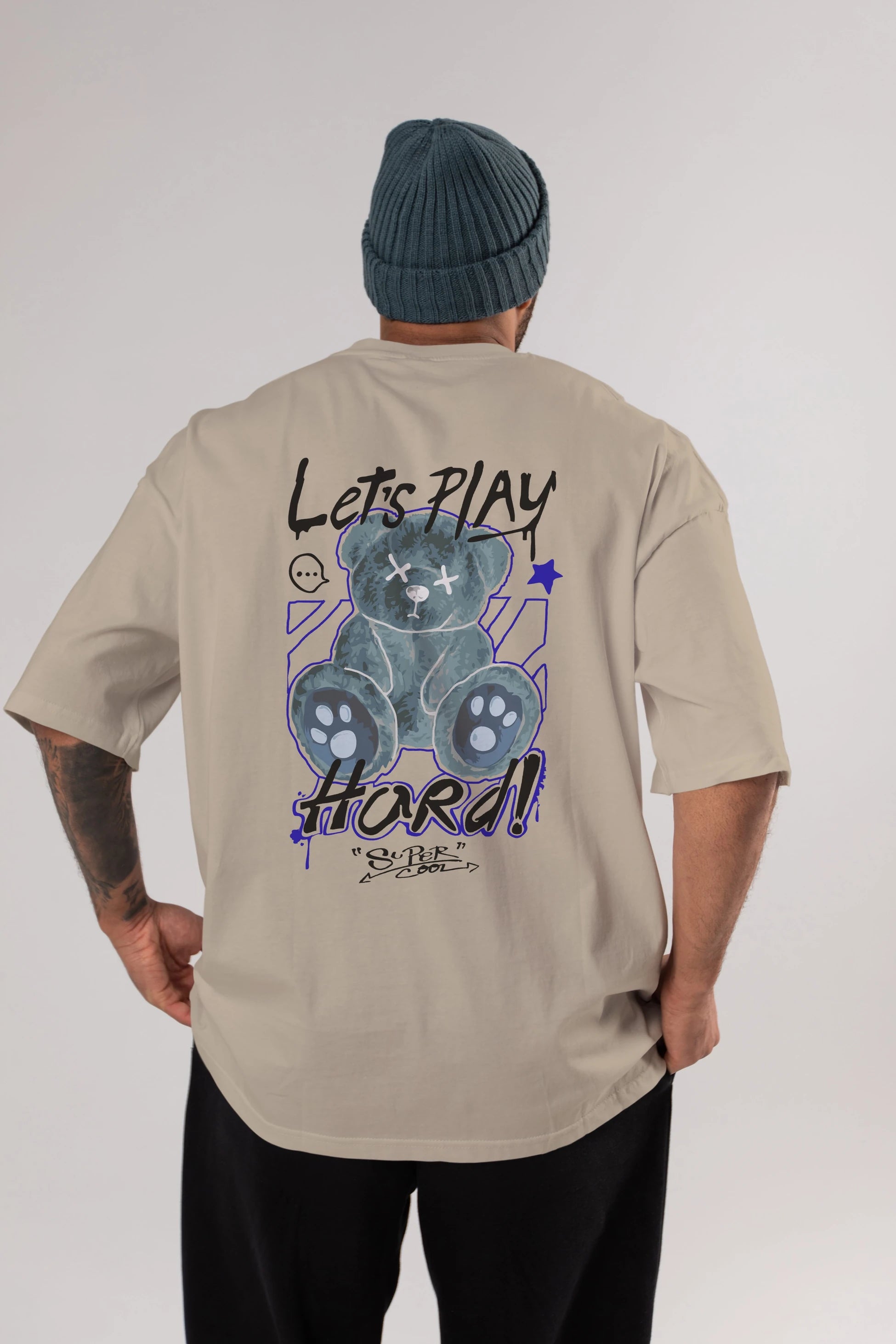 Lets Play Hard Bear Arka Baskılı Oversize t-shirt Erkek Kadın Unisex