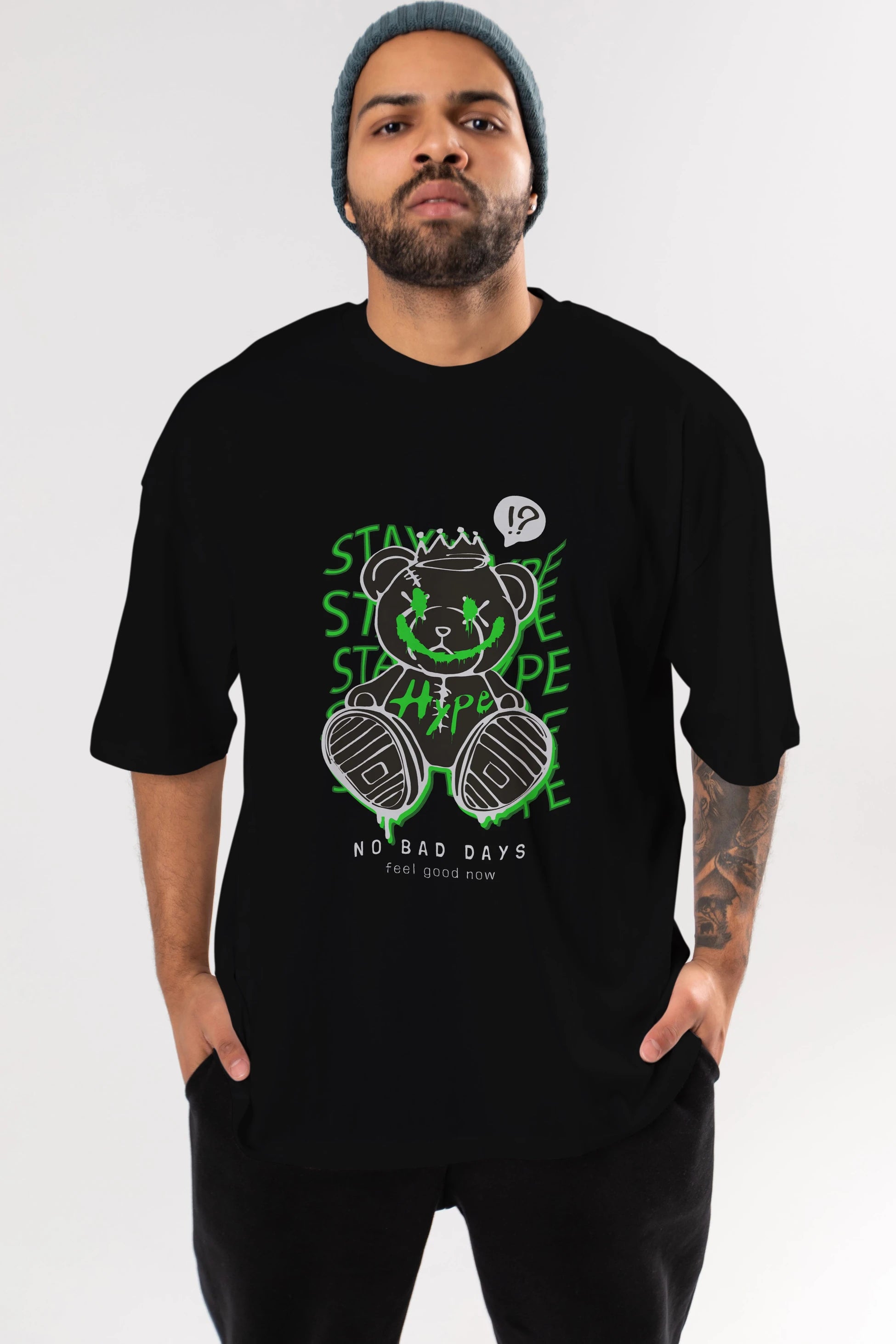 Stay Hype Bear Ön Baskılı Oversize t-shirt Erkek Kadın Unisex