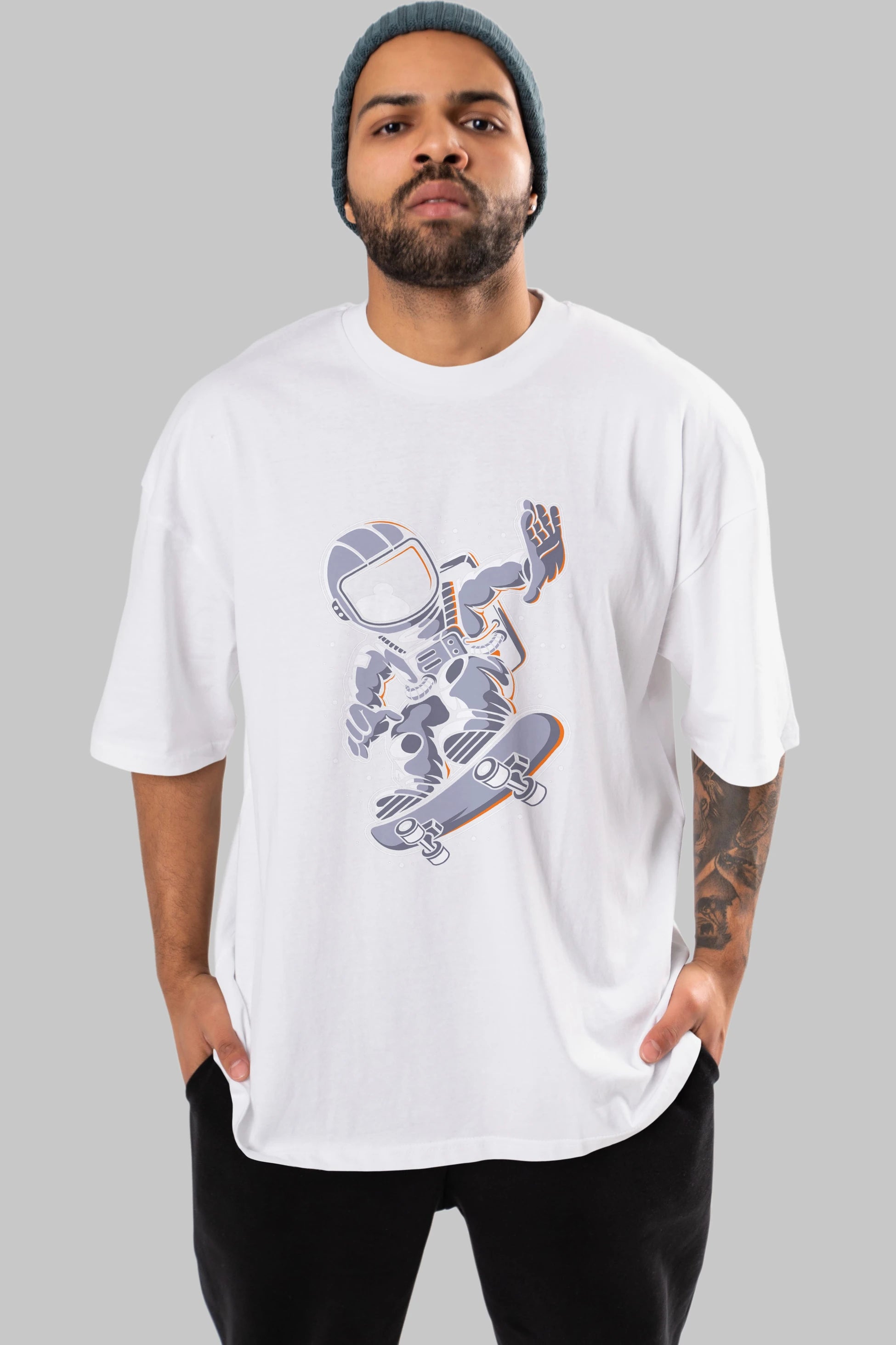 Astronaut Skateboard Ön Baskılı Oversize t-shirt Erkek Kadın Unisex