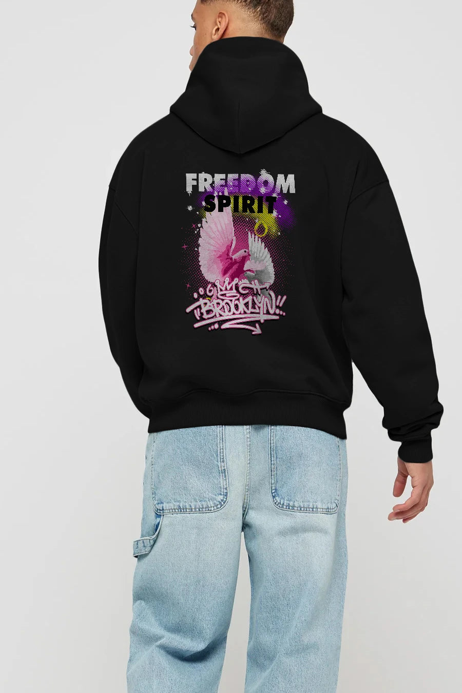 Freedom Spirit Brooklyn Arka Baskılı Hoodie Oversize Kapüşonlu Sweatshirt Erkek Kadın Unisex