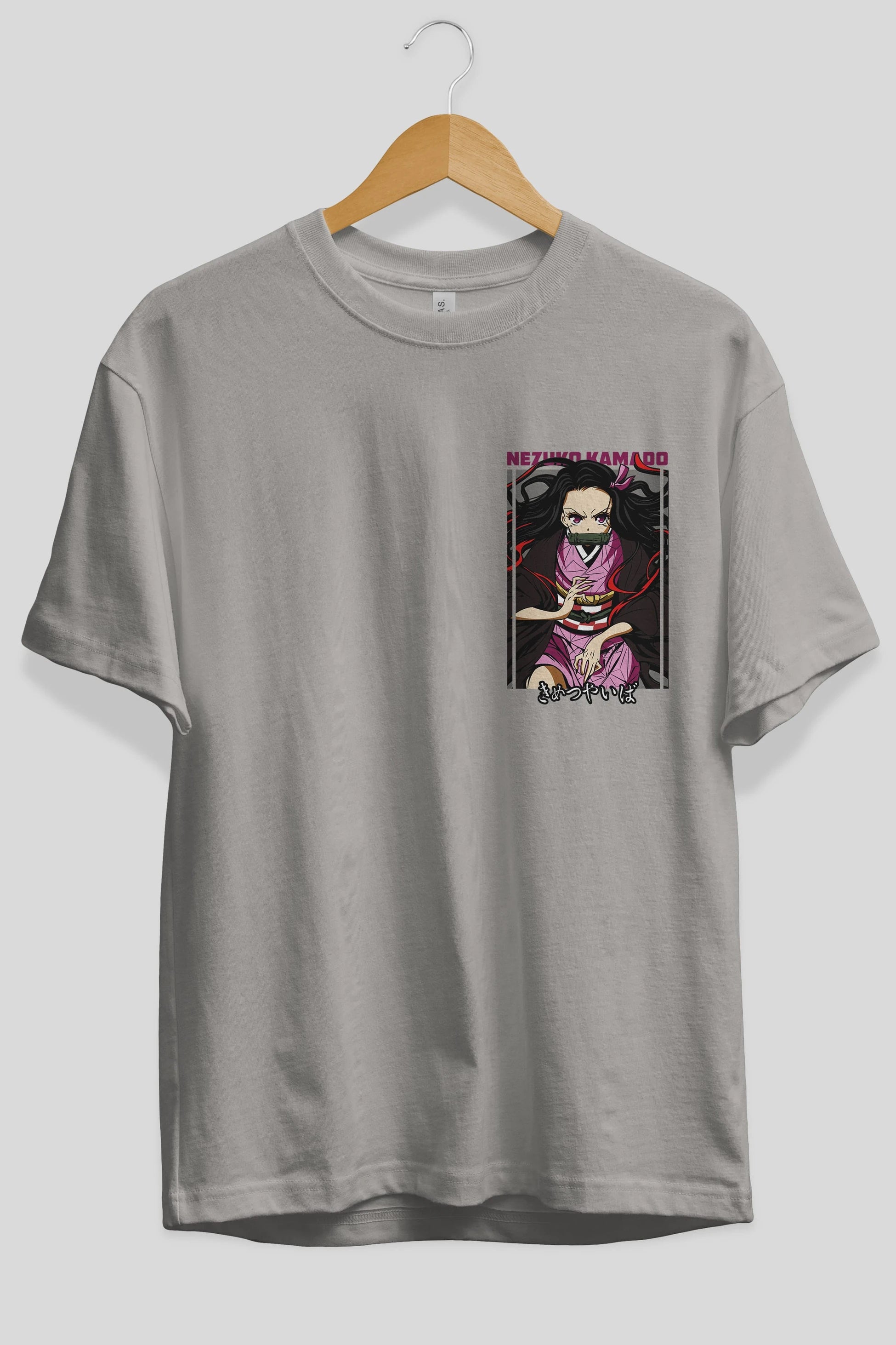 Nezuko Kamado 1 Ön Sol Baskılı Oversize t-shirt Erkek Kadın Unisex %100 Pamuk Bisiklet Yaka tişort