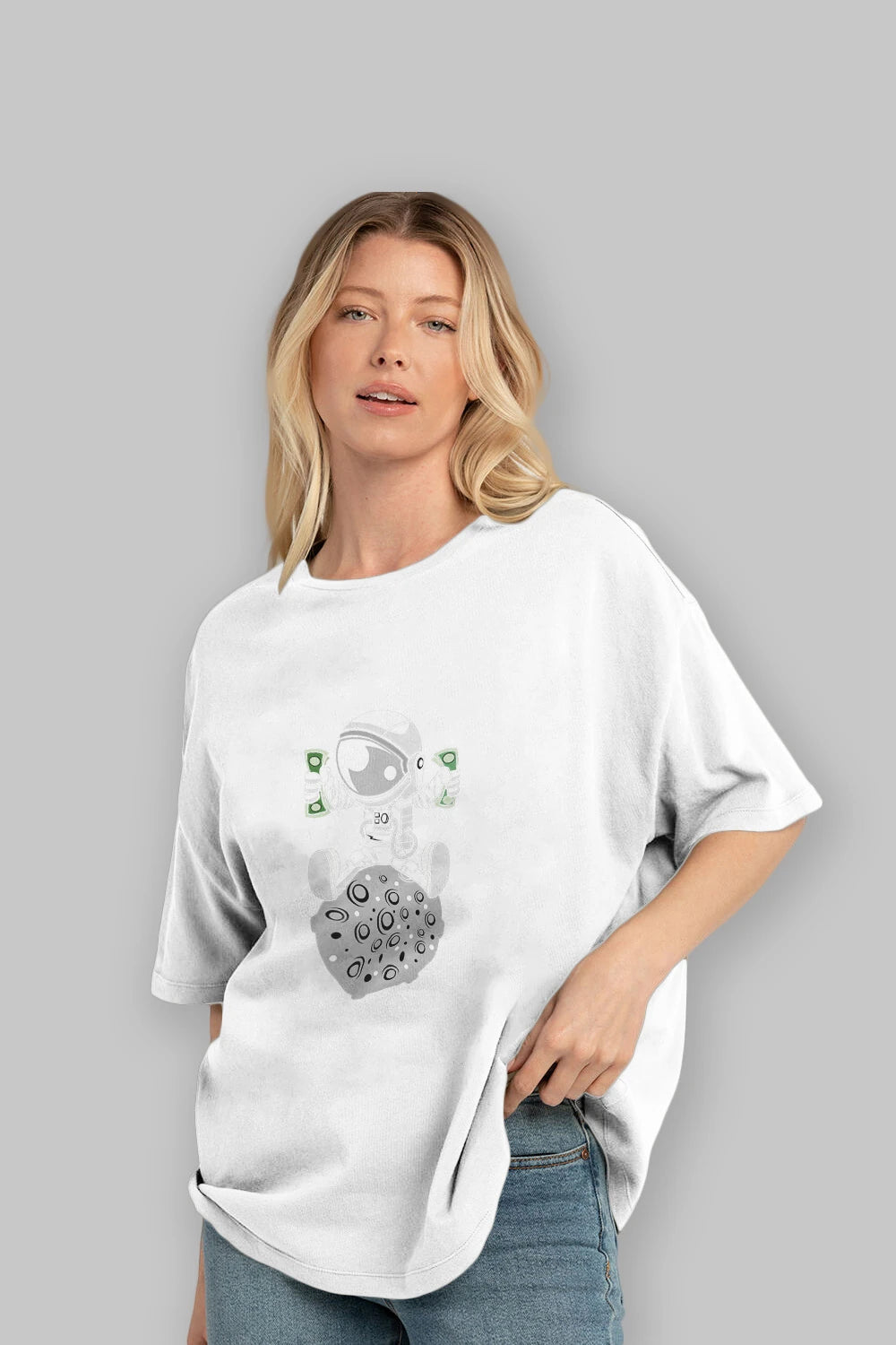 Astronaut Dollar Ön Baskılı Oversize t-shirt Erkek Kadın Unisex %100 Pamuk tişort
