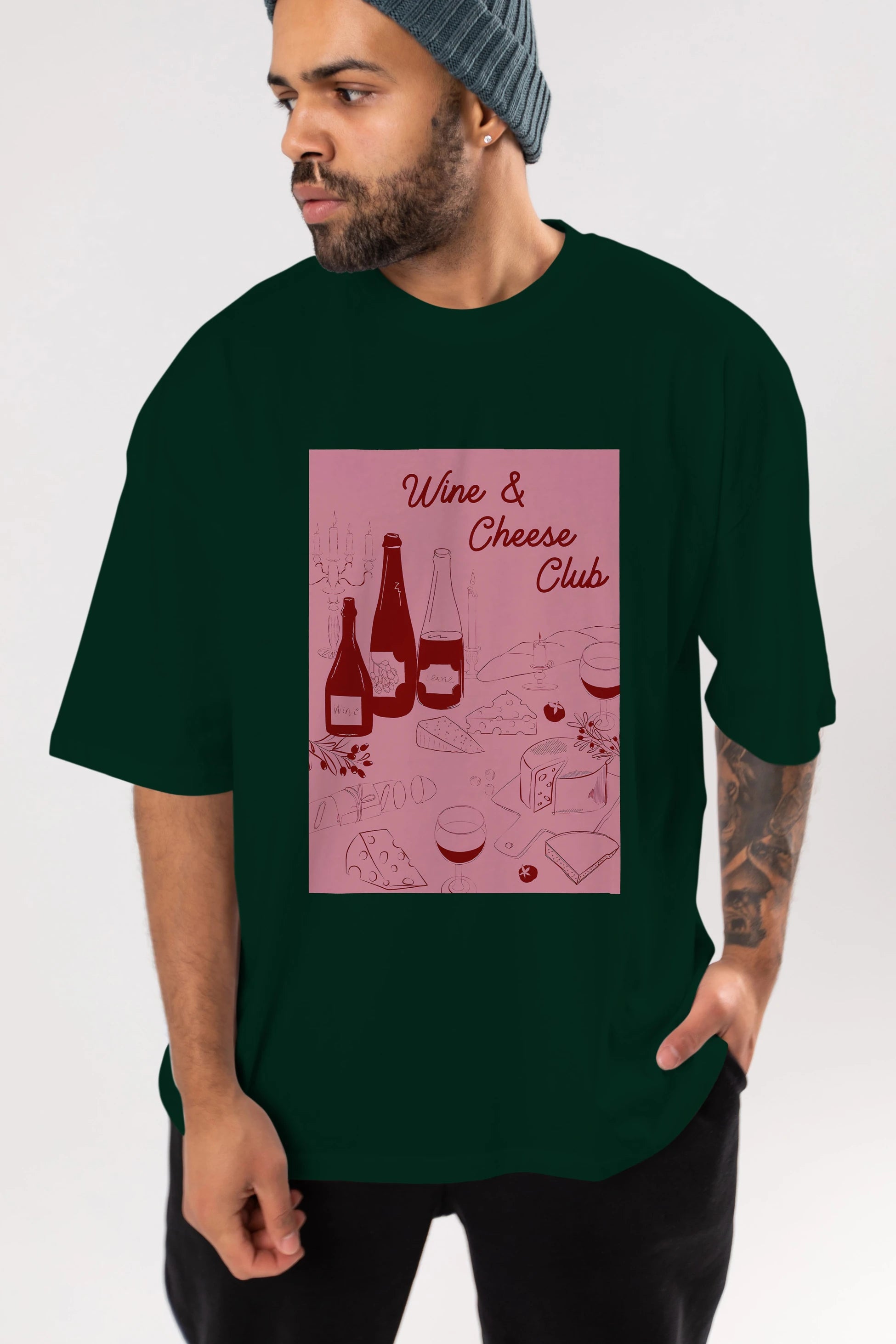 Wine Cheese Club Ön Baskılı Oversize t-shirt Erkek Kadın Unisex %100 Pamuk Bisiklet Yaka tişort