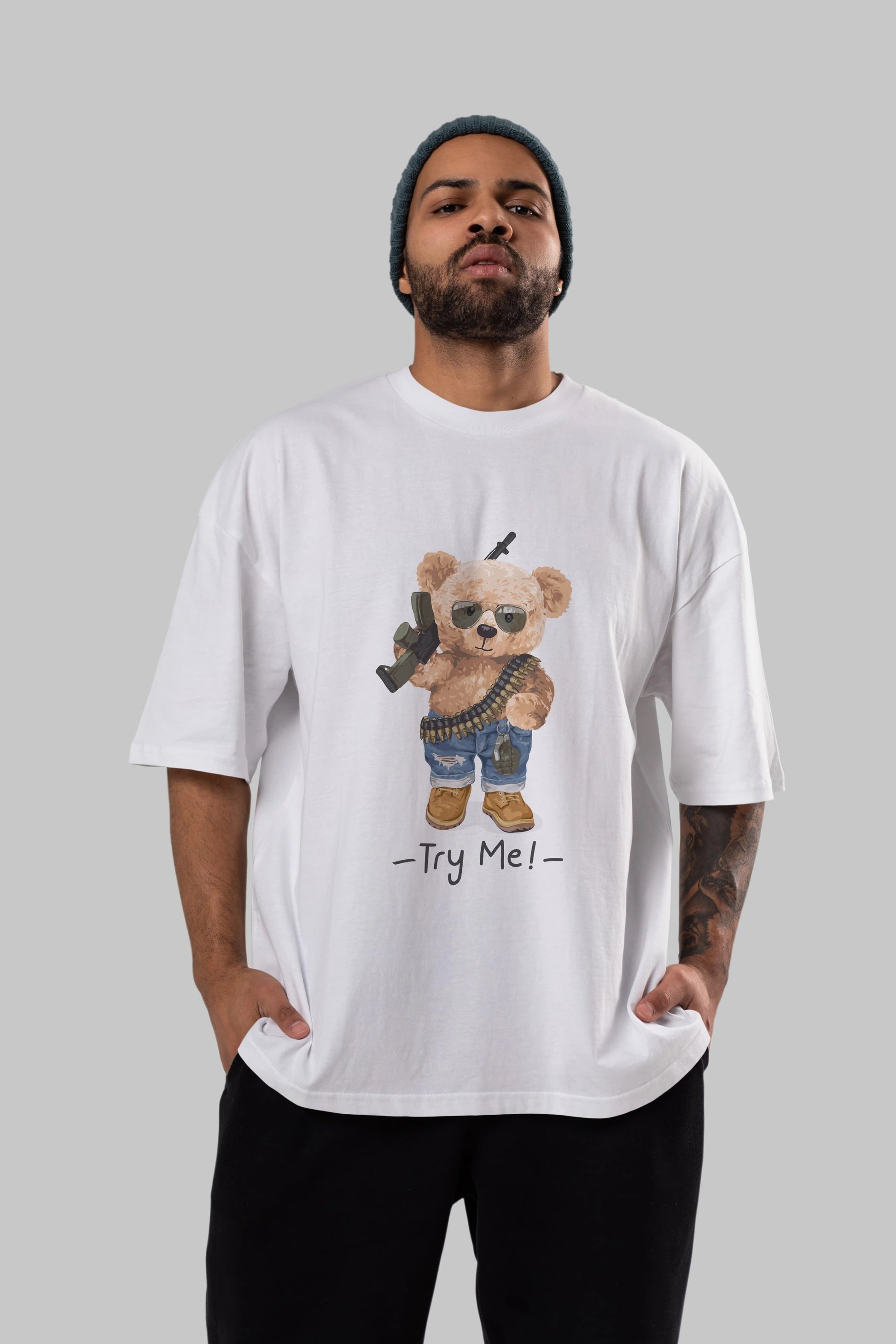 Teddy Bear Try Me Ön Baskılı Oversize t-shirt Erkek Kadın Unisex %100 Pamuk