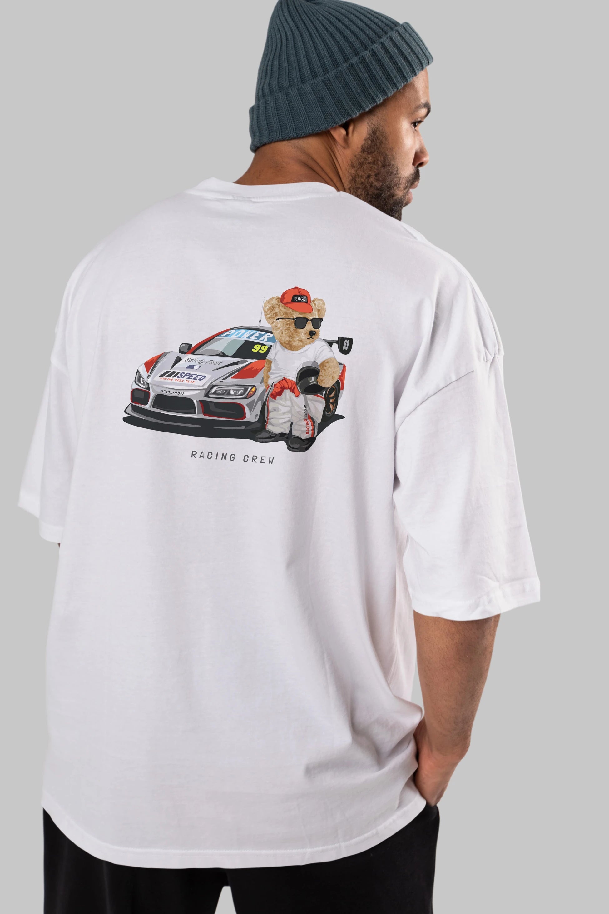 Teddy Bear Racing Crew Arka Baskılı Oversize t-shirt Erkek Kadın Unisex %100 Pamuk
