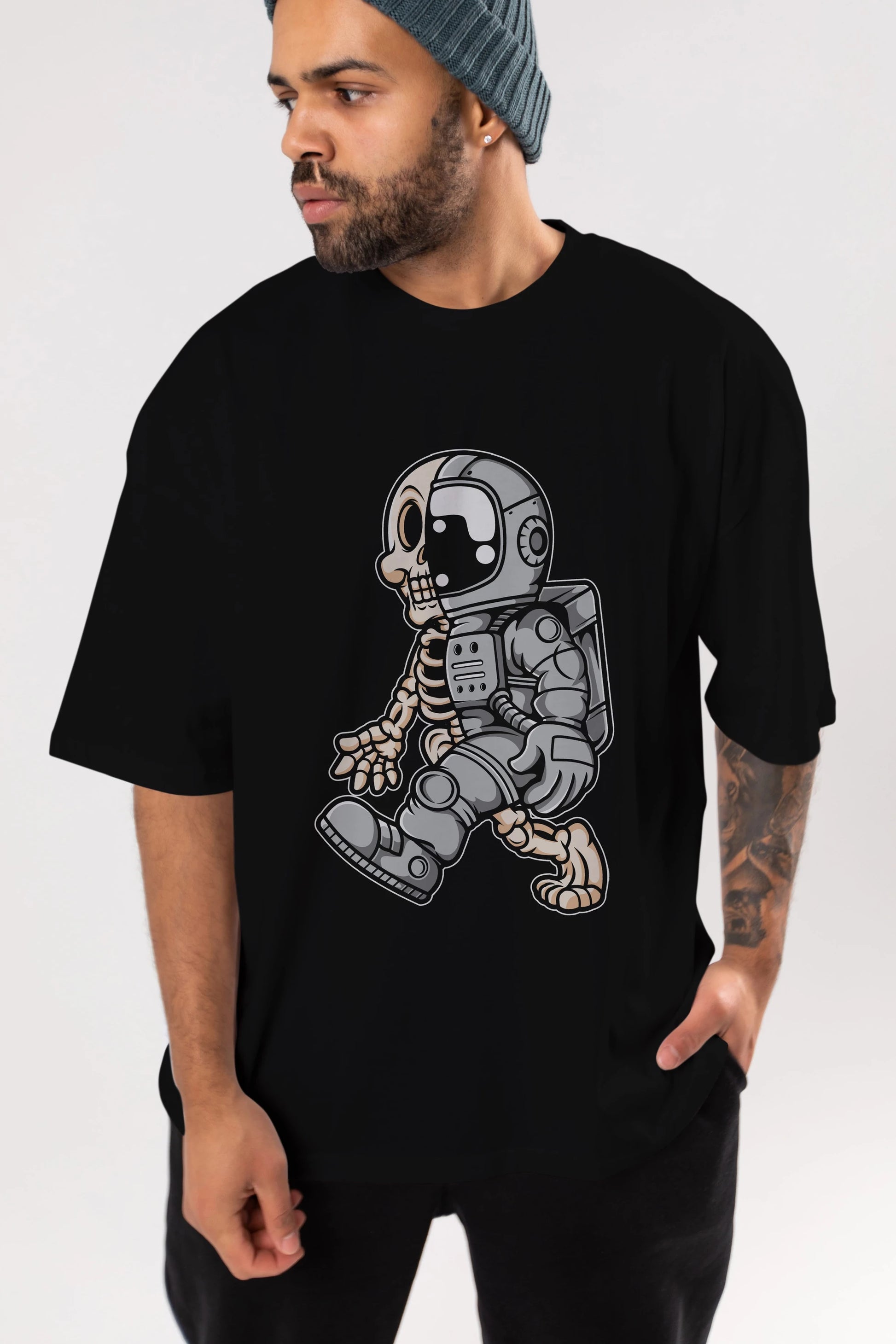 Astronaut Half Skull Ön Baskılı Oversize t-shirt Erkek Kadın Unisex