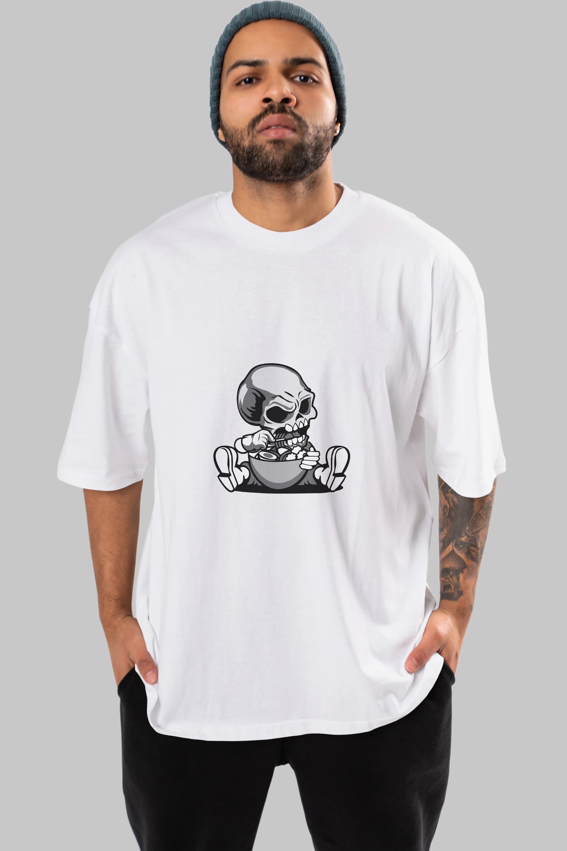 Skull Eat Ramen Ön Baskılı Oversize t-shirt Erkek Kadın Unisex %100 Pamuk tişort