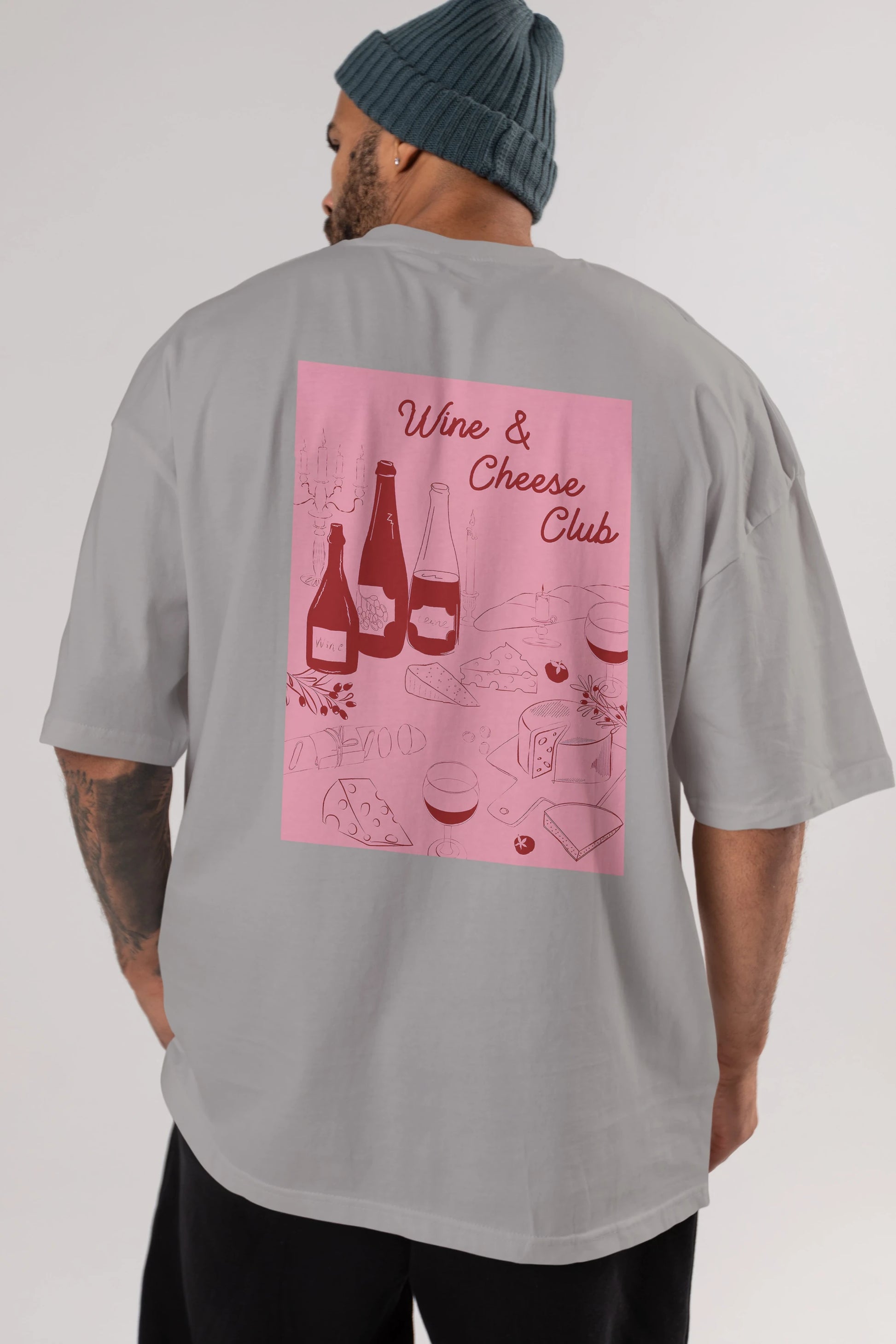Wine Cheese Club Arka Baskılı Oversize t-shirt Erkek Kadın Unisex %100 Pamuk Bisiklet Yaka tişort