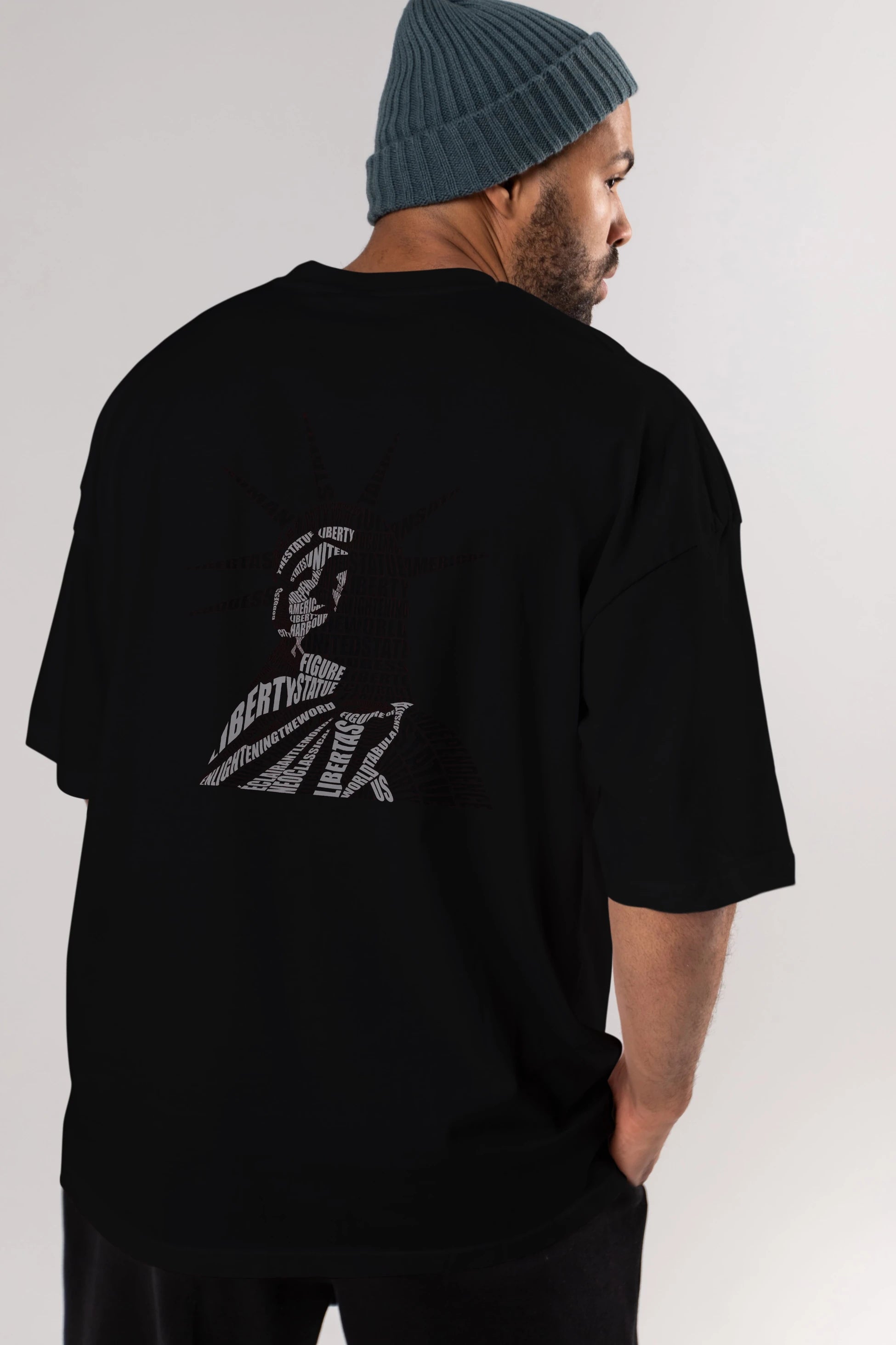 Liberty Statue Calligram Arka Baskılı Oversize t-shirt %100 pamuk Erkek Kadın Unisex