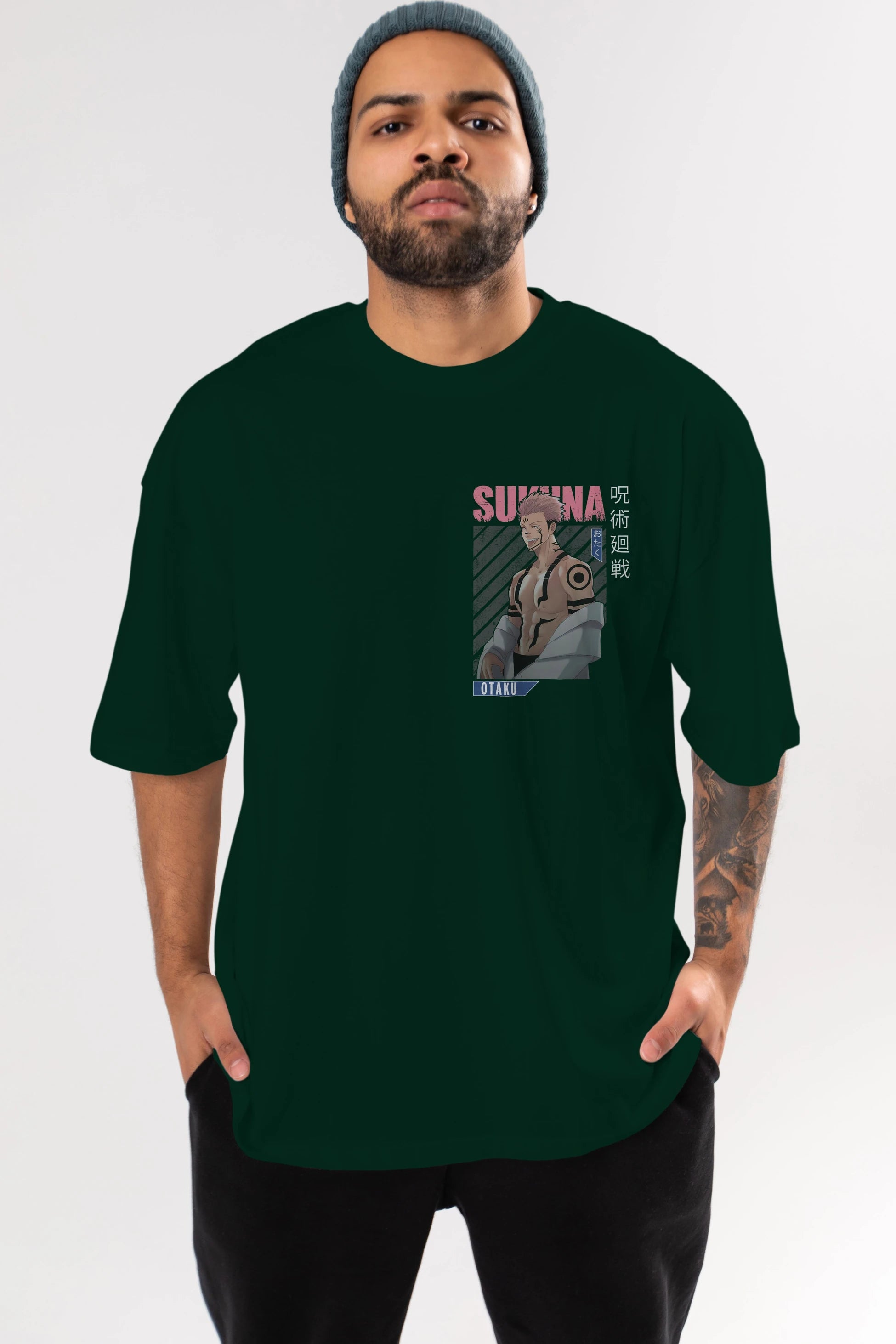 Sukuna Ryoumen Ön Sol Baskılı Oversize t-shirt Erkek Kadın Unisex %100 Pamuk Bisiklet Yaka tişort