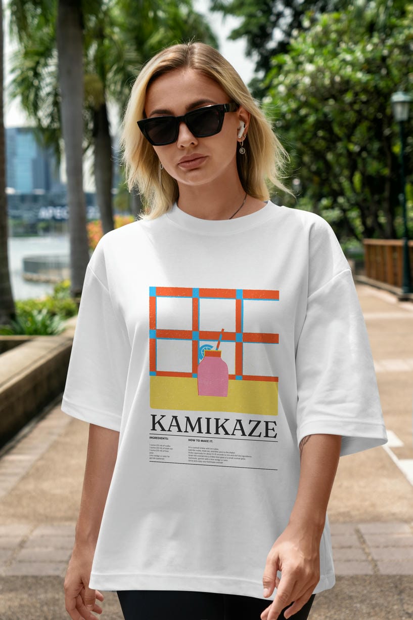 Kamikaze Kokteyl Ön Baskılı Oversize t-shirt Erkek Kadın %100 Pamuk Bisiklet Yaka tişort
