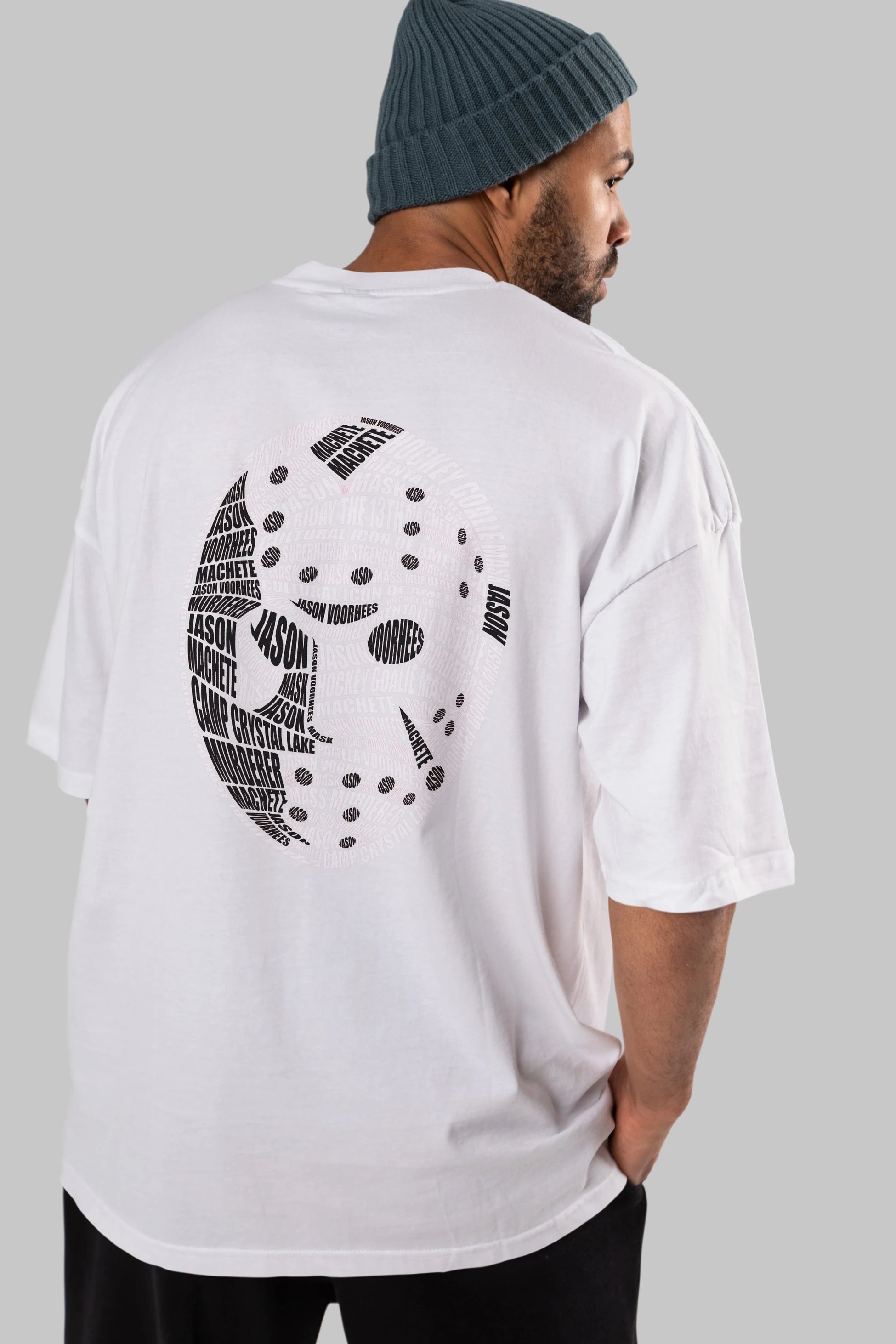 Jason Voorhees Calligram Arka Baskılı Oversize t-shirt %100 pamuk Erkek Kadın Unisex