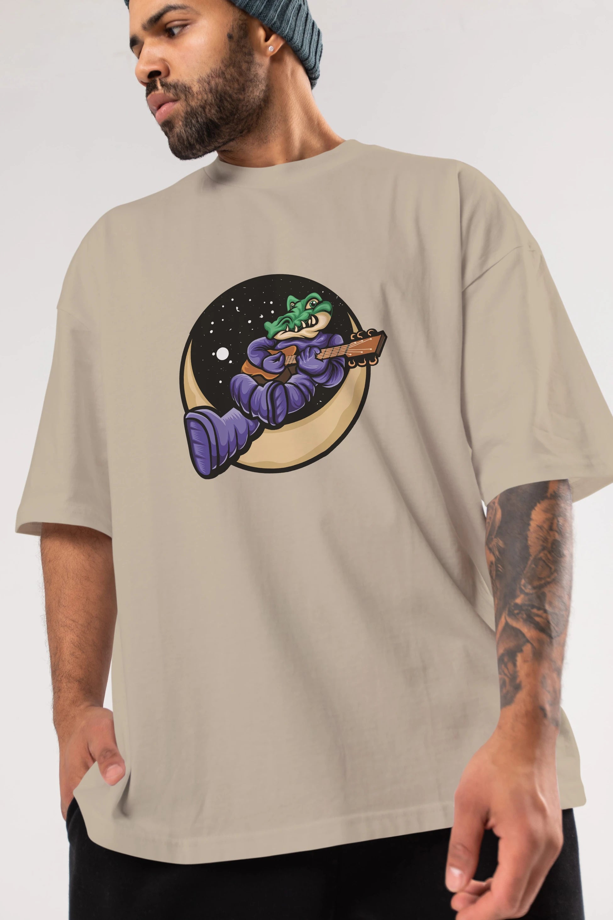 Space Crocodile Ön Baskılı Oversize t-shirt Erkek Kadın Unisex