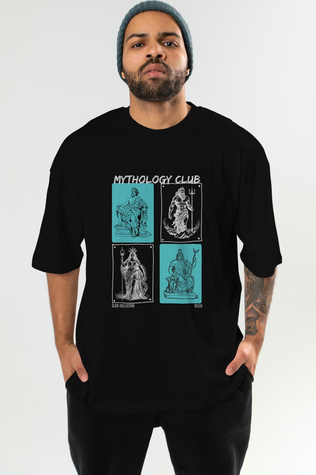 Mythology Club ön Baskılı Oversize t-shirt Erkek Kadın %100 Pamuk Bisiklet Yaka tişort