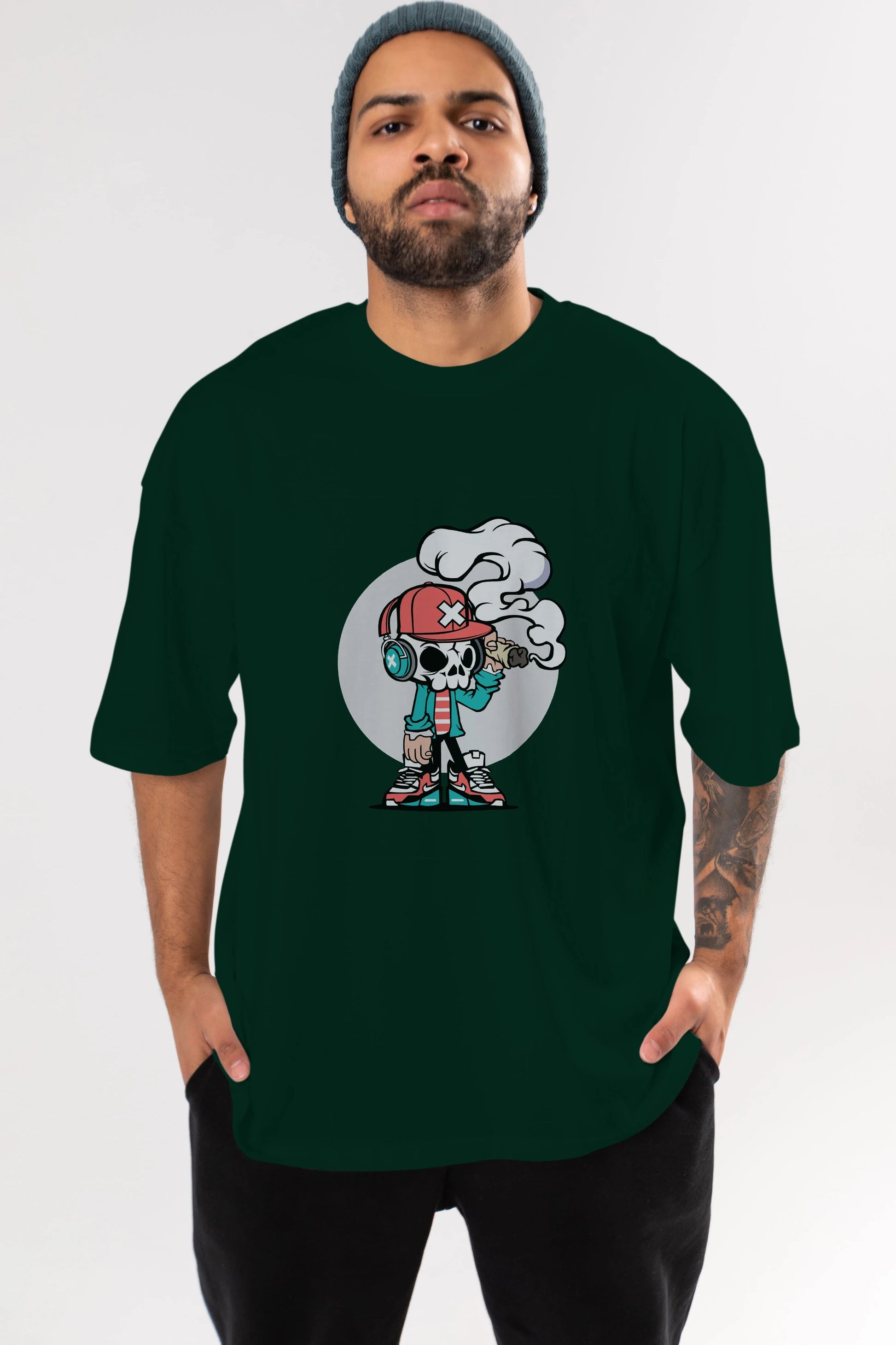 Skull Headphone Ön Baskılı Oversize t-shirt Erkek Kadın Unisex %100 Pamuk tişort