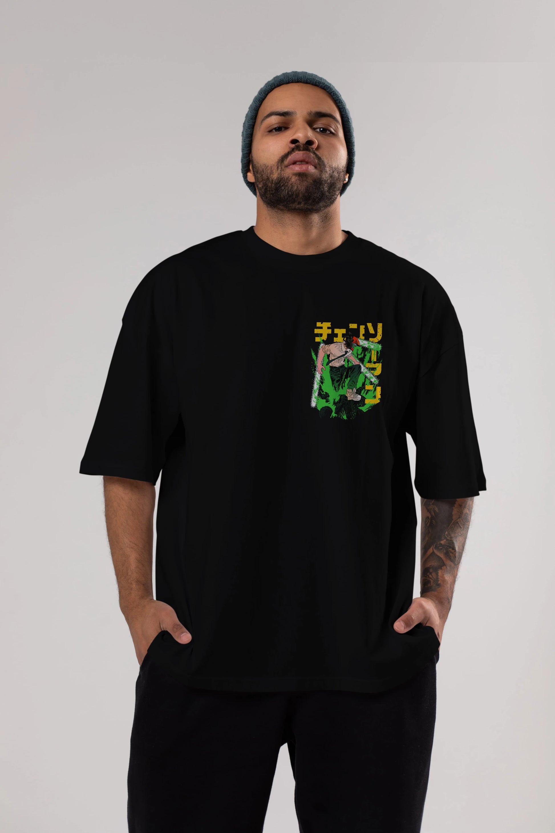 CHAINSAWMAN DENJI Ön Sol Baskılı Oversize t-shirt Erkek Kadın Unisex %100 Pamuk Bisiklet Yaka tişort