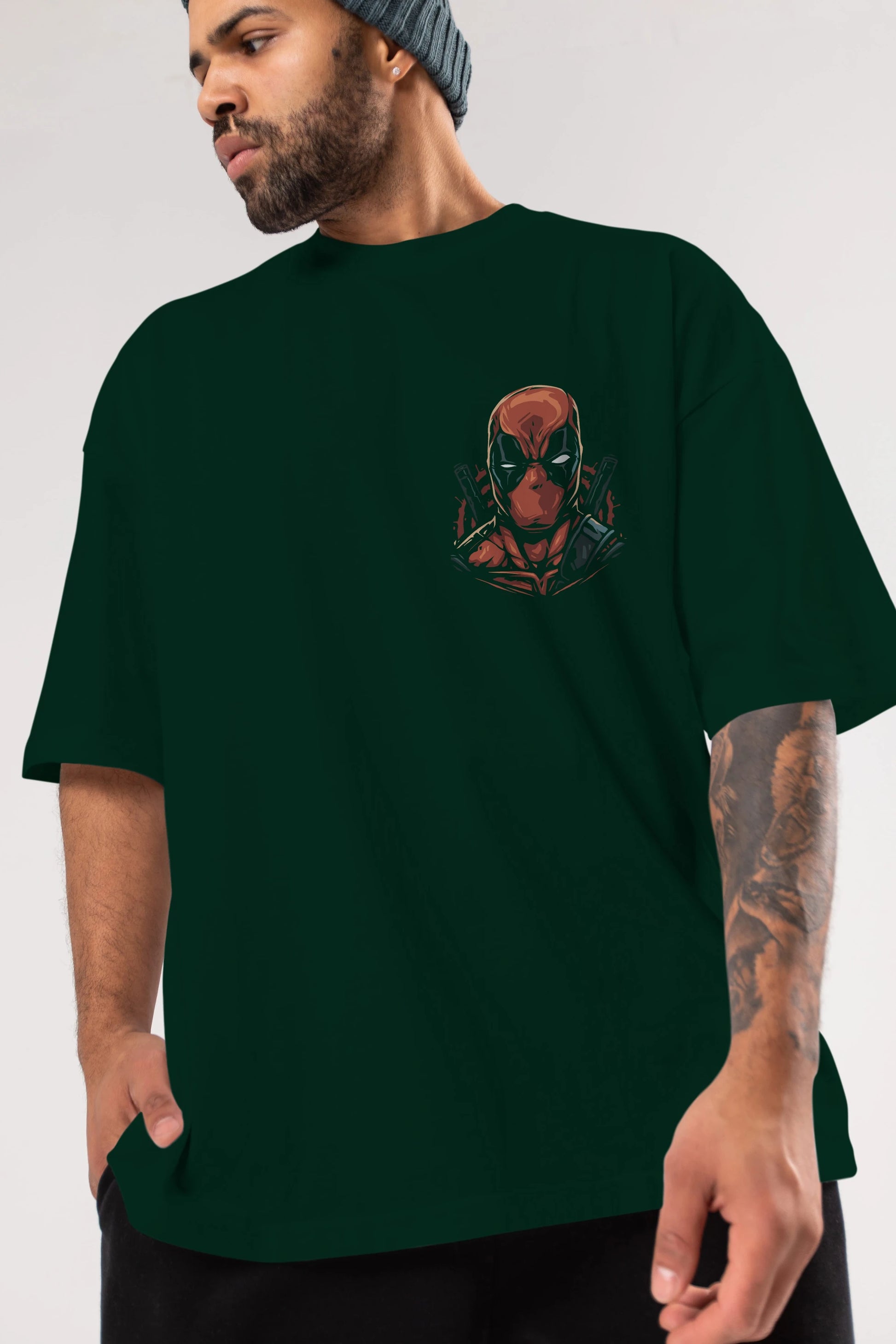Deadpool (10) Ön Sol Baskılı Oversize t-shirt Erkek Kadın Unisex %100 Pamuk Bisiklet Yaka tişort