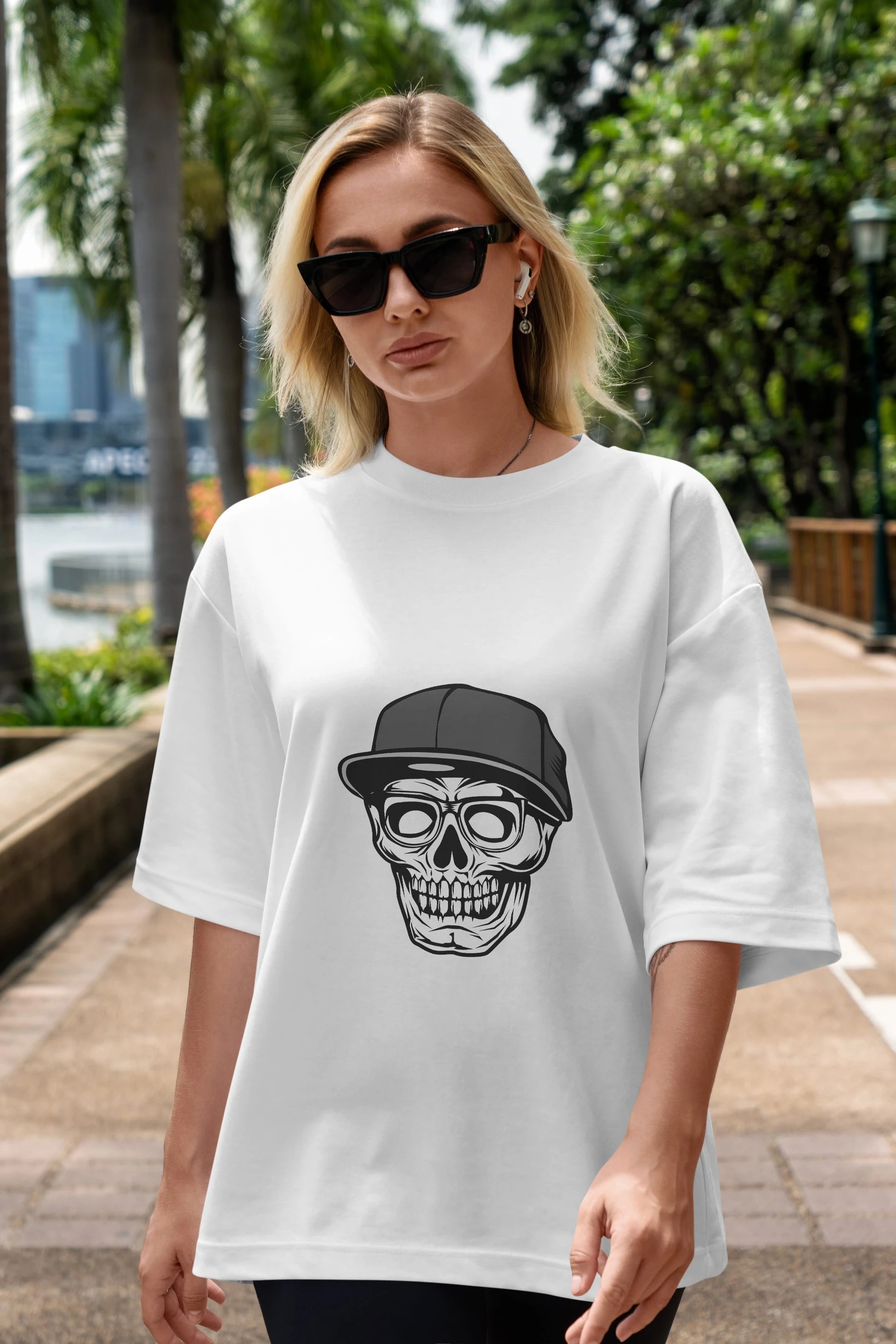 Skull With Hat Ön Baskılı Oversize t-shirt Erkek Kadın Unisex %100 Pamuk tişort