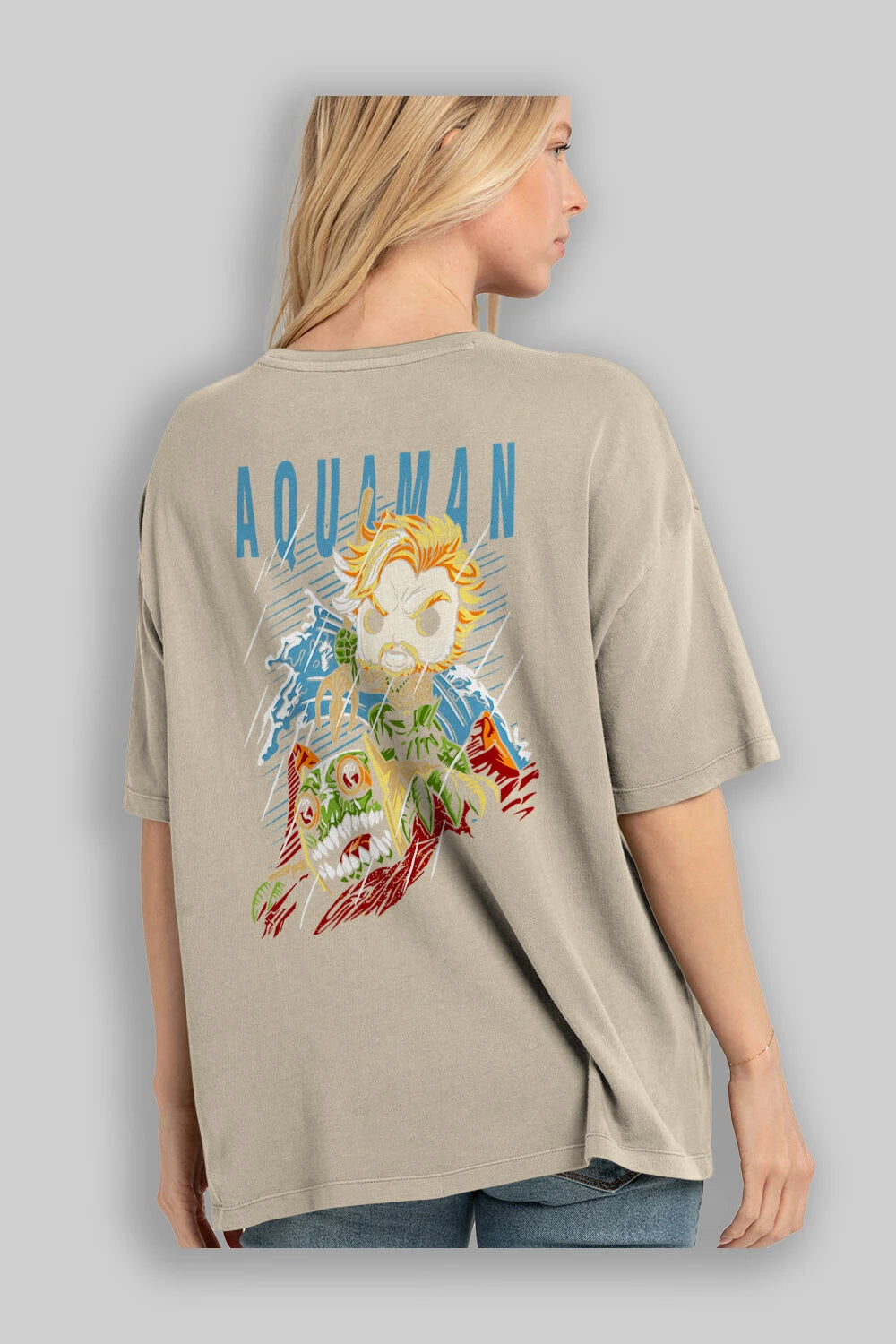 Aquaman Arka Baskılı Oversize t-shirt Erkek Kadın Unisex %100 Pamuk Bisiklet Yaka tişort