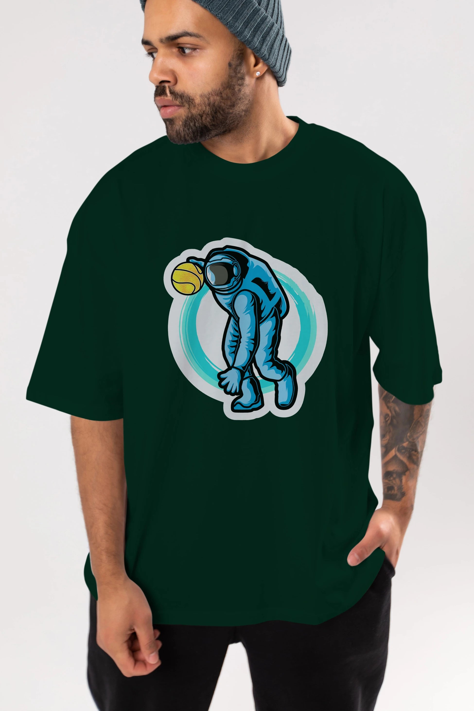 Astronaut Dribble Sticker Ön Baskılı Oversize t-shirt Erkek Kadın Unisex
