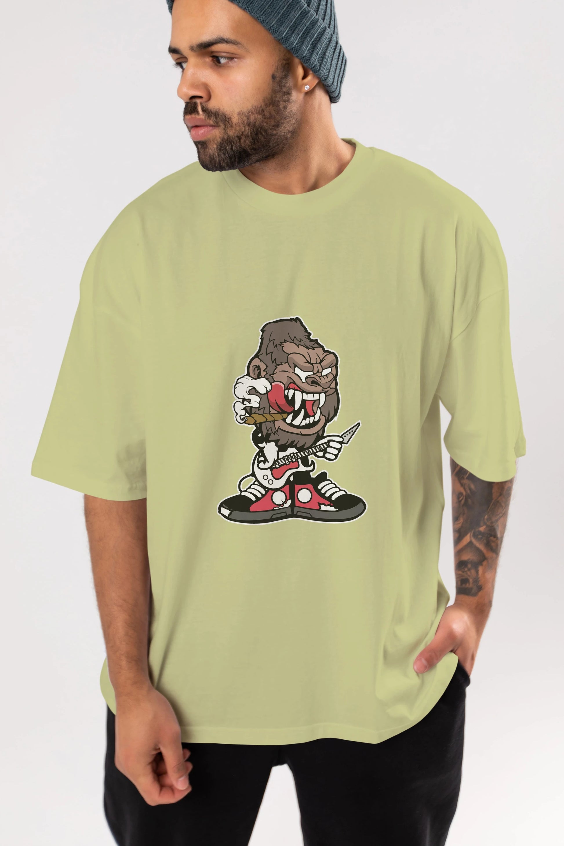 Gorilla Rock Star Ön Baskılı Oversize t-shirt Erkek Kadın Unisex %100 Pamuk tişort