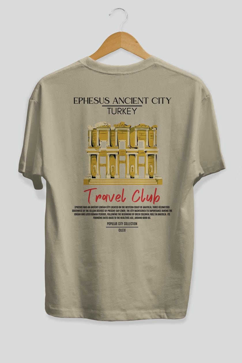 Ephesus Ancient City Turkey Arka Baskılı Oversize t-shirt Erkek Kadın Pamuk Bisiklet Yaka tişort