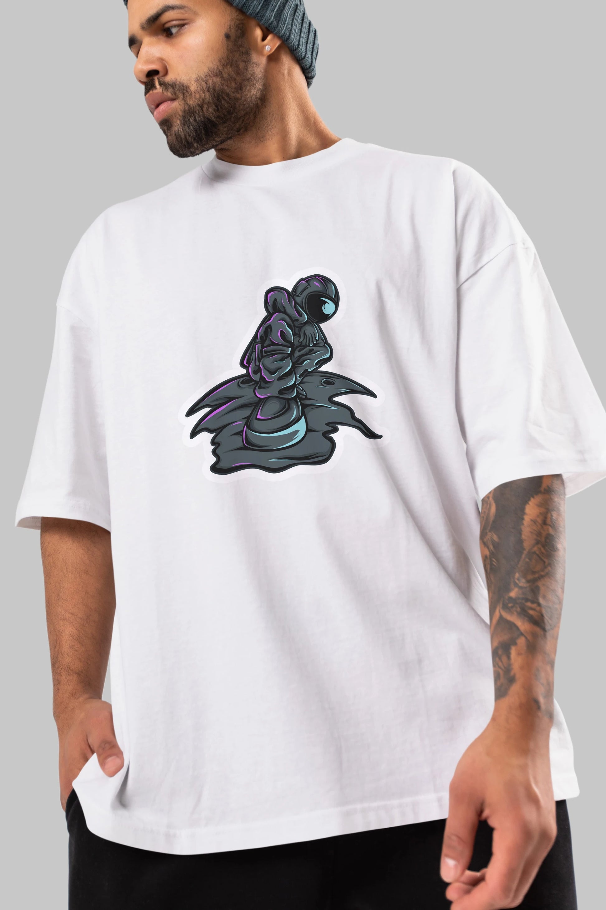 Stylish Astronaut Sticker Ön Baskılı Oversize t-shirt Erkek Kadın Unisex