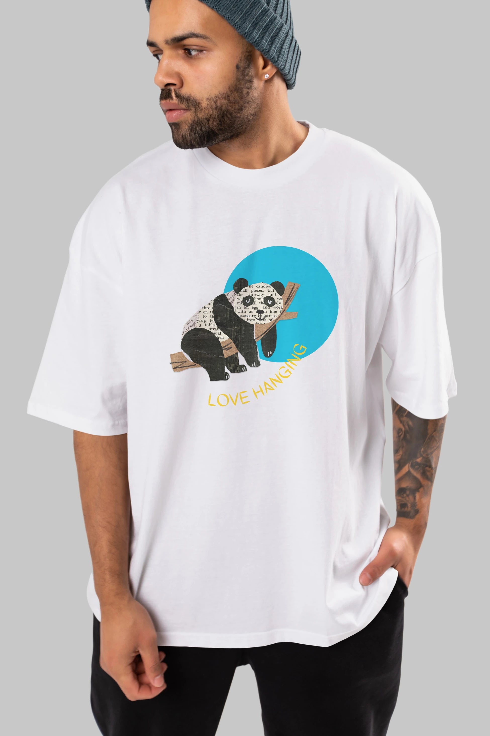 Panda Love Hanging Ön Baskılı Oversize t-shirt Erkek Kadın Unisex