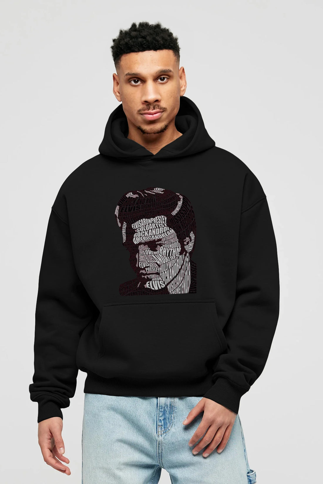 Elvis Presley Calligram Ön Baskılı Hoodie Oversize Kapüşonlu Sweatshirt Erkek Kadın Unisex