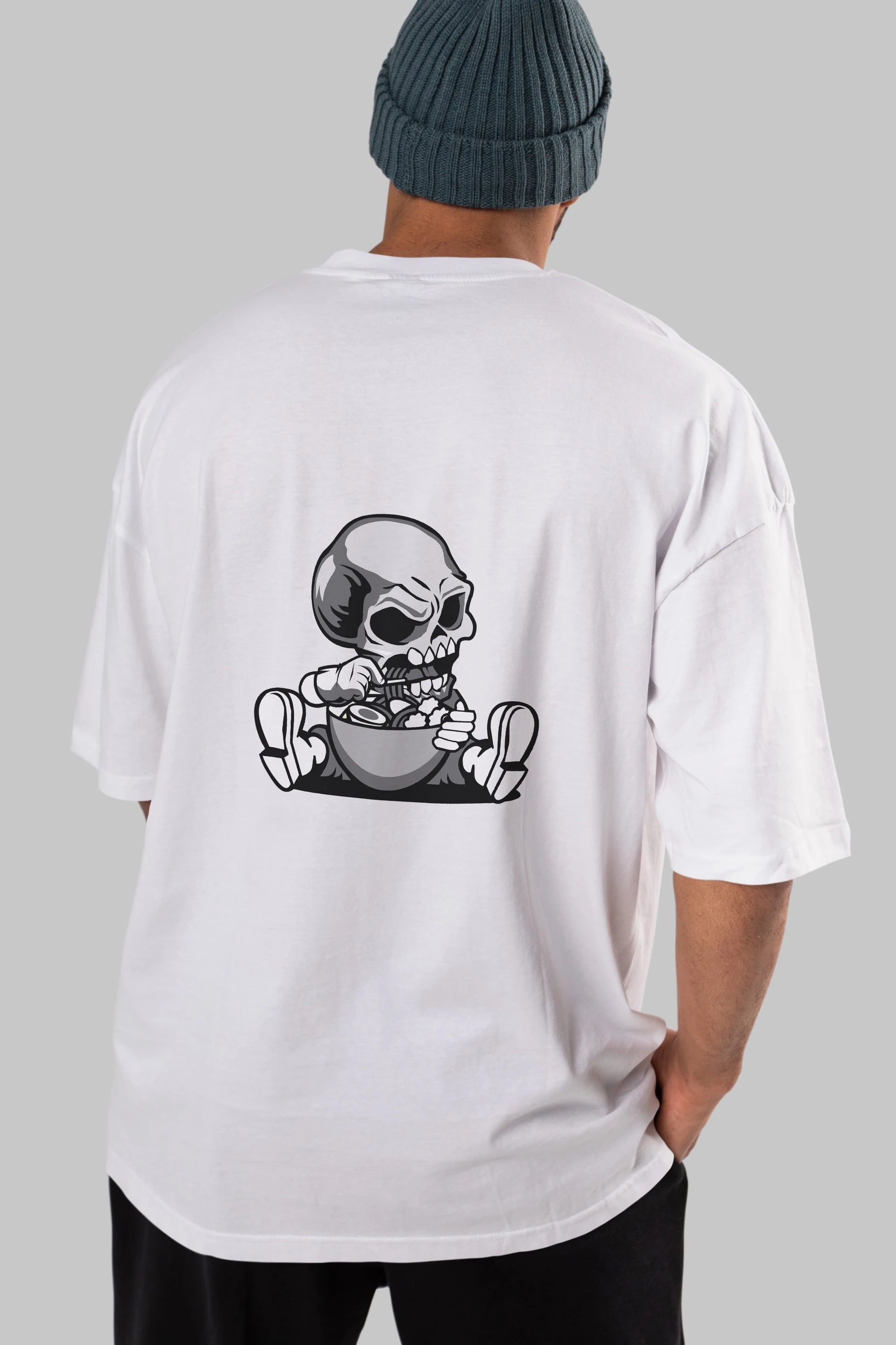 Skull Eat Ramen Arka Baskılı Oversize t-shirt Erkek Kadın Unisex %100 Pamuk tişort