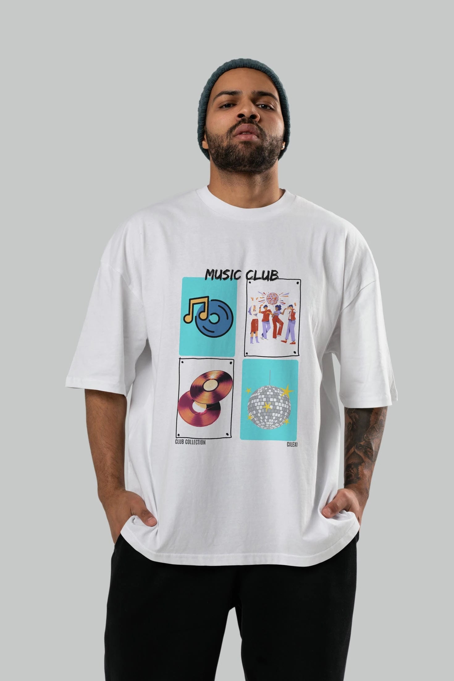 Music Club ön Baskılı Oversize t-shirt Erkek Kadın %100 Pamuk Bisiklet Yaka tişort
