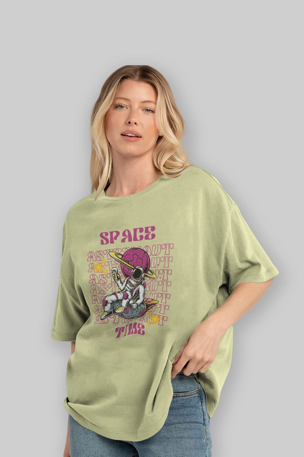 Space Time Astronaut Yazılı Ön Baskılı Oversize t-shirt Erkek Kadın Unisex