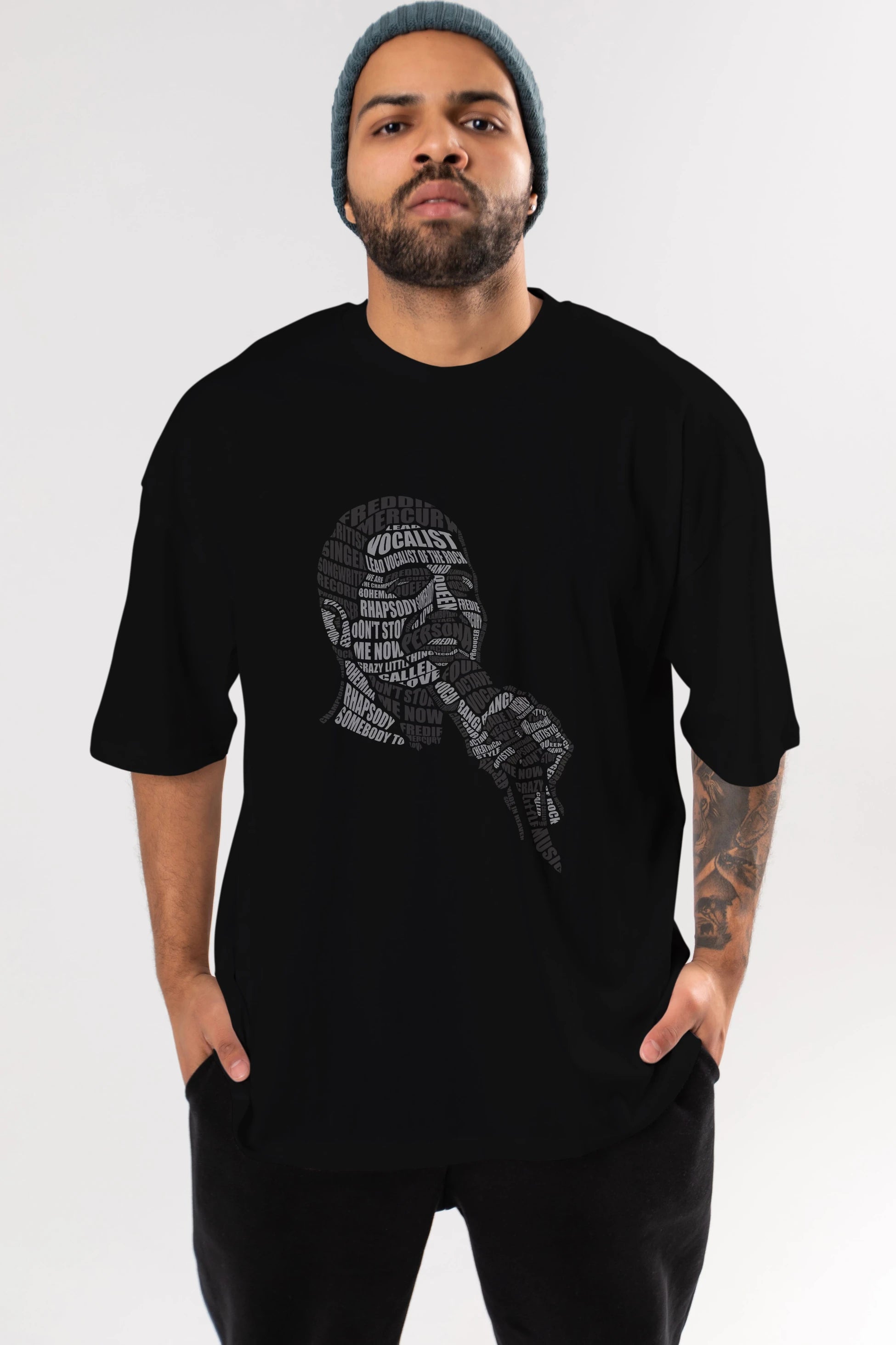 Freddy Mercuri Calligram Ön Baskılı Oversize t-shirt %100 pamuk Erkek Kadın Unisex