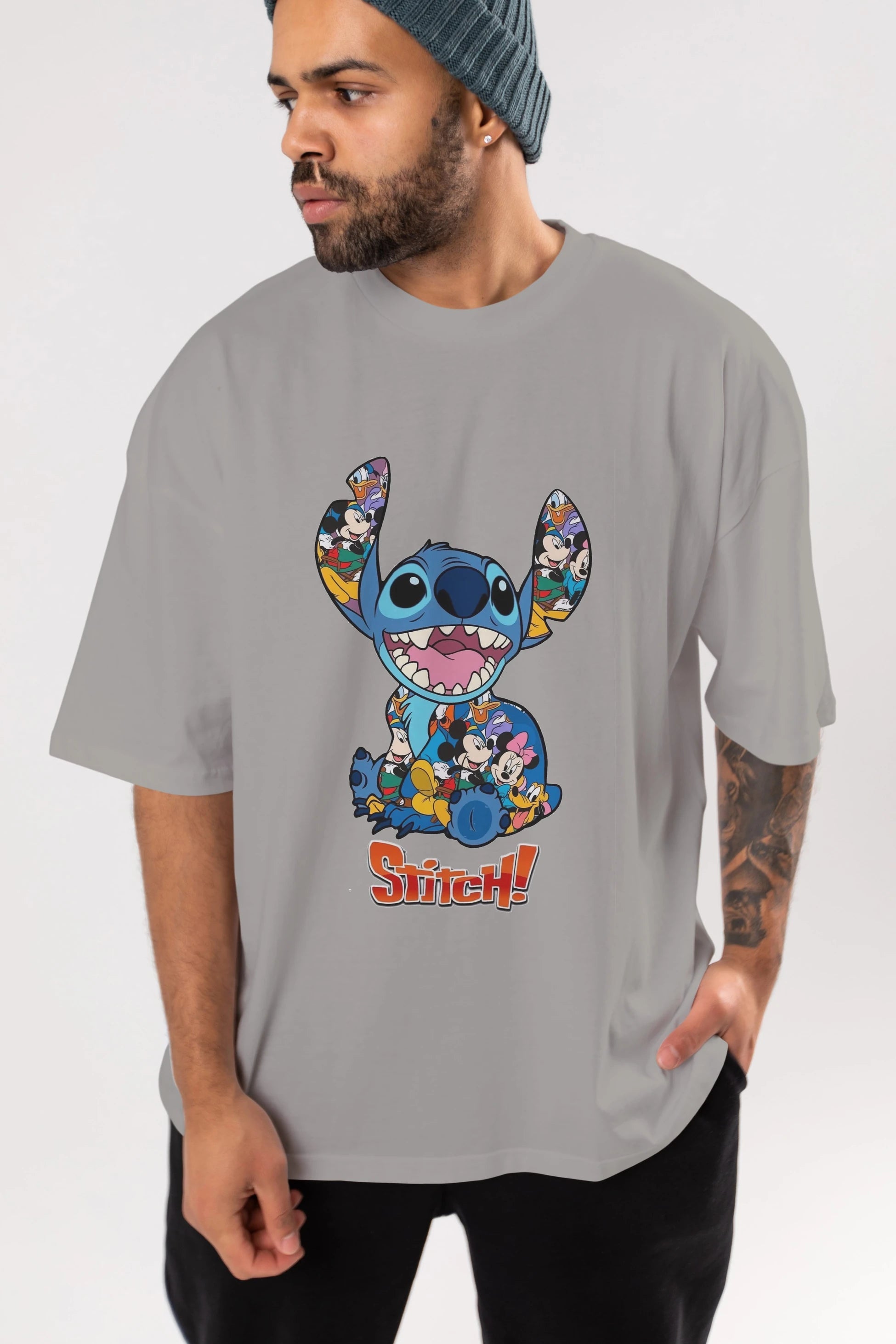 Stitch Ön Baskılı Oversize t-shirt Erkek Kadın Unisex %100 Pamuk Bisiklet Yaka tişort