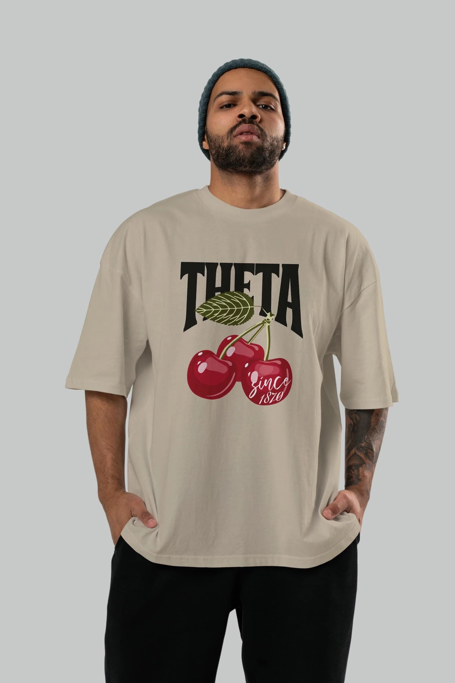 Theta Cherry Cherries Ön Baskılı Oversize t-shirt Erkek Kadın Pamuk Bisiklet Yaka tişort