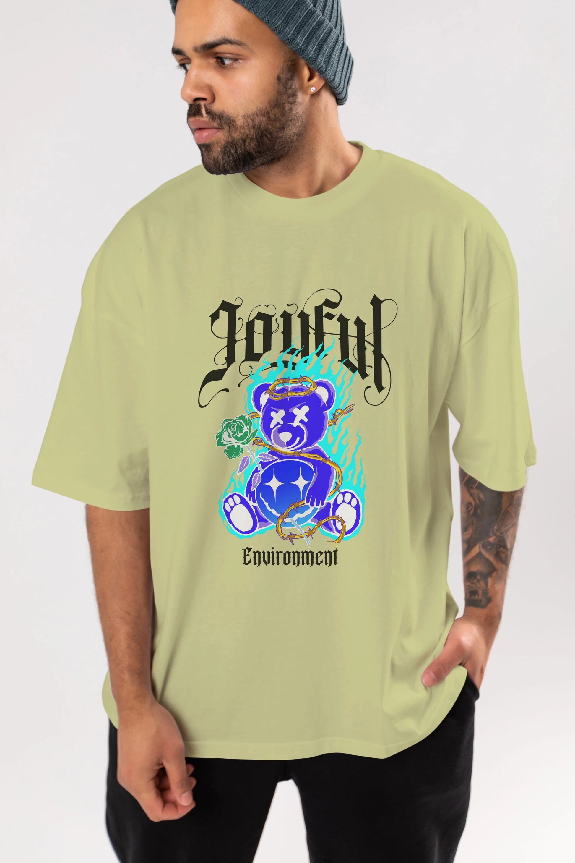 Joyful Bear Ön Baskılı Oversize t-shirt Erkek Kadın Unisex
