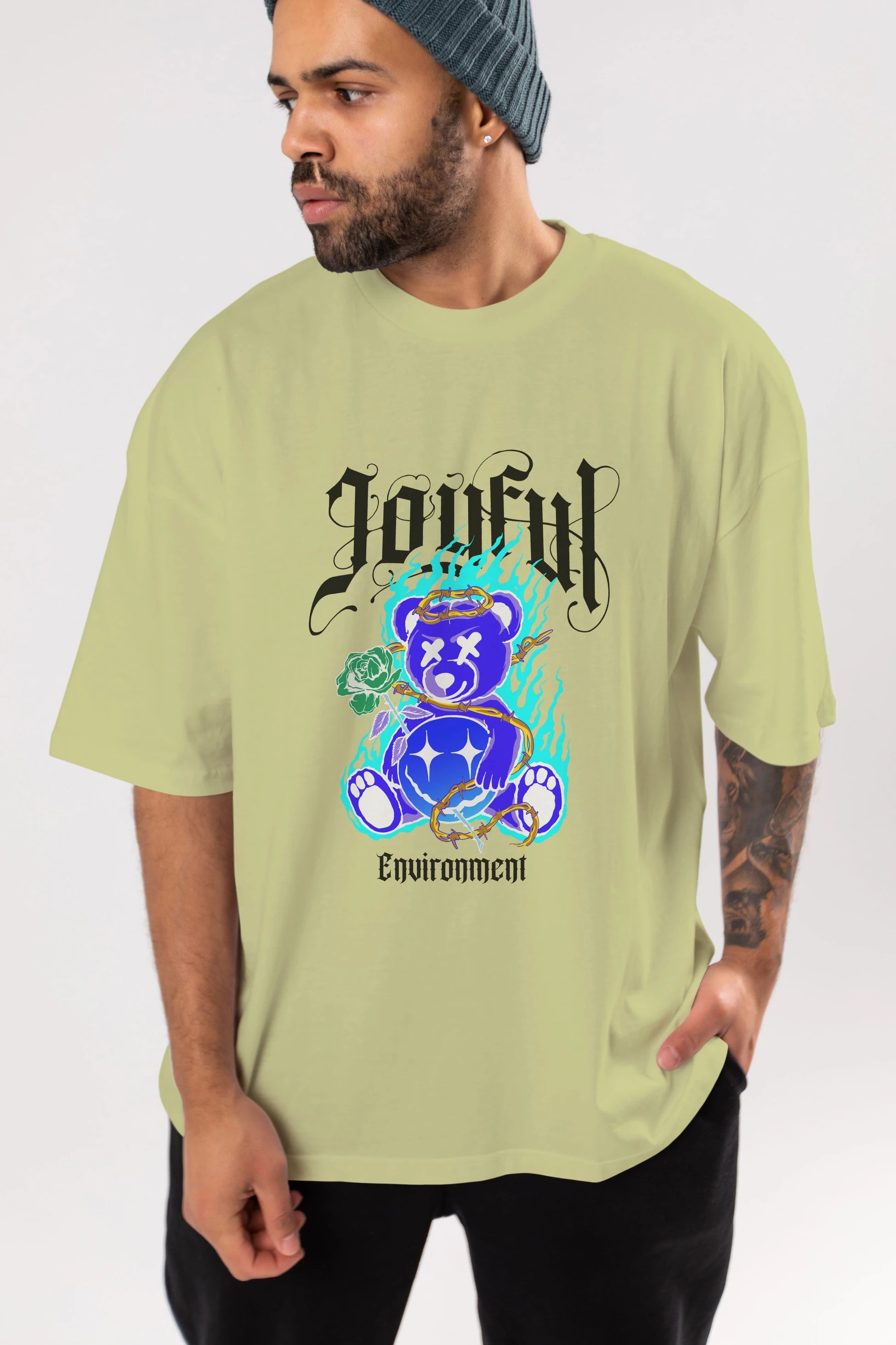 Joyful Bear Ön Baskılı Oversize t-shirt Erkek Kadın Unisex