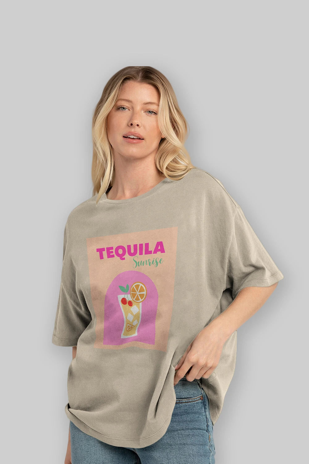 Tequila Sunrise 2 Ön Baskılı Oversize t-shirt Erkek Kadın Unisex %100 Pamuk Bisiklet Yaka tişort
