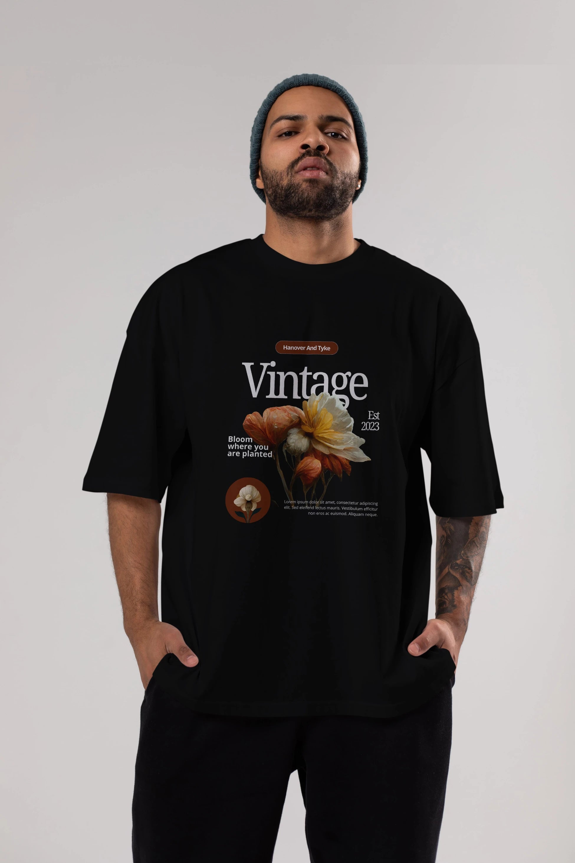 Vintage Çiçek Ön Baskılı Oversize t-shirt Erkek Kadın Unisex