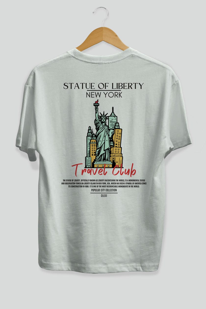 Statue Of Liberty New York Arka Baskılı Oversize t-shirt Erkek Kadın Pamuk Bisiklet Yaka tişort